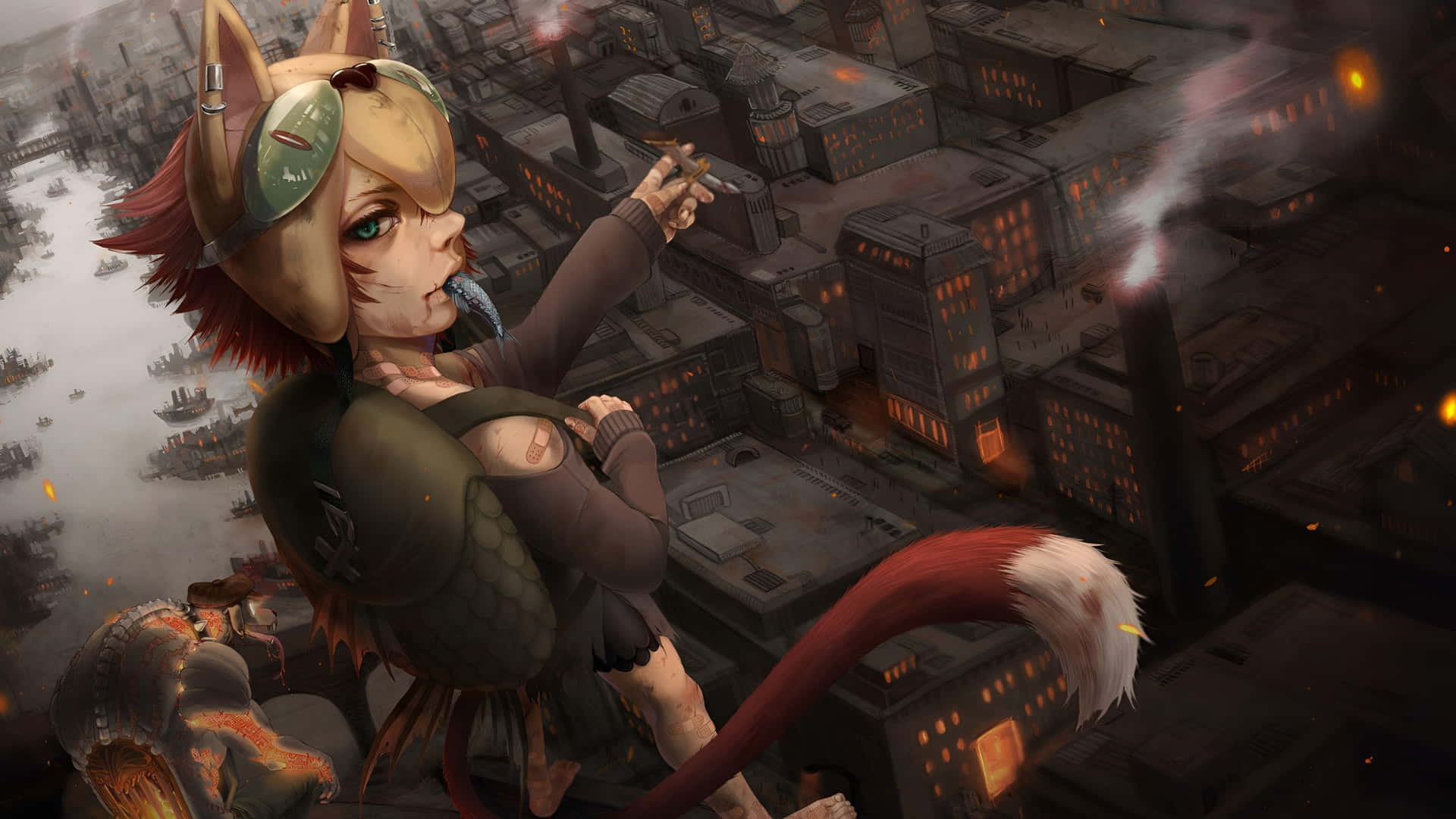 Anime Fox, steampunk city, cat-eared girl, Full HD Desktop Wallpaper