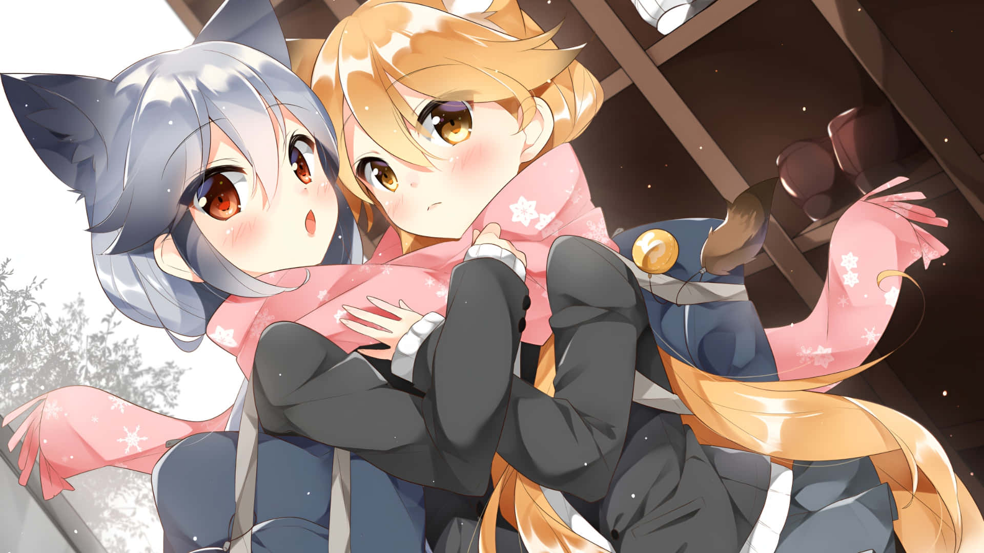 anime fox girls, winter scene, silver hair, Full HD Desktop Wallpaper
