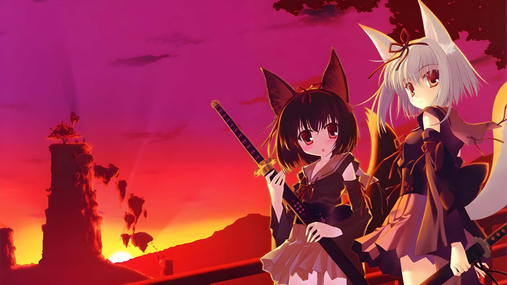 Anime Fox Characters, sunset, fox ears, Full HD Desktop Wallpaper