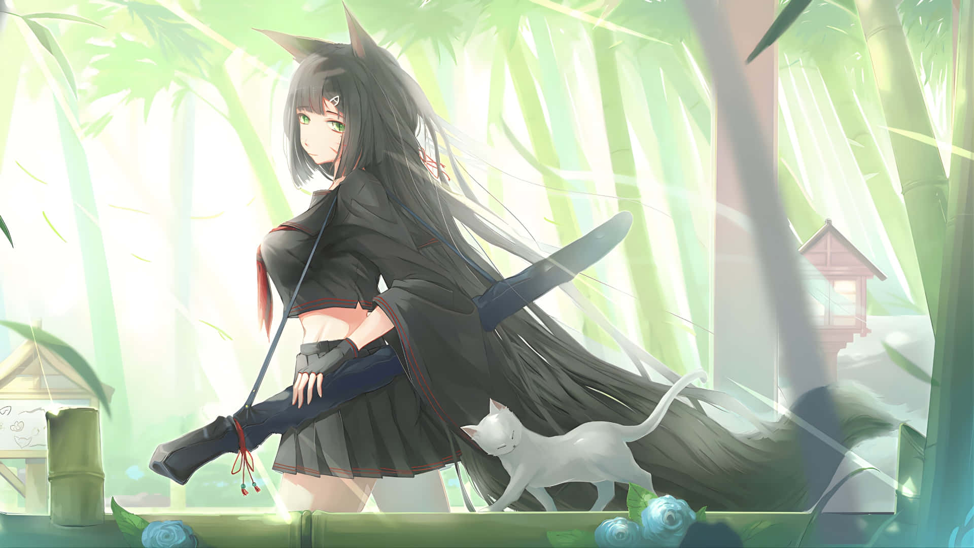 Anime Fox Warrior, cat ears, sword, Full HD Desktop Wallpaper