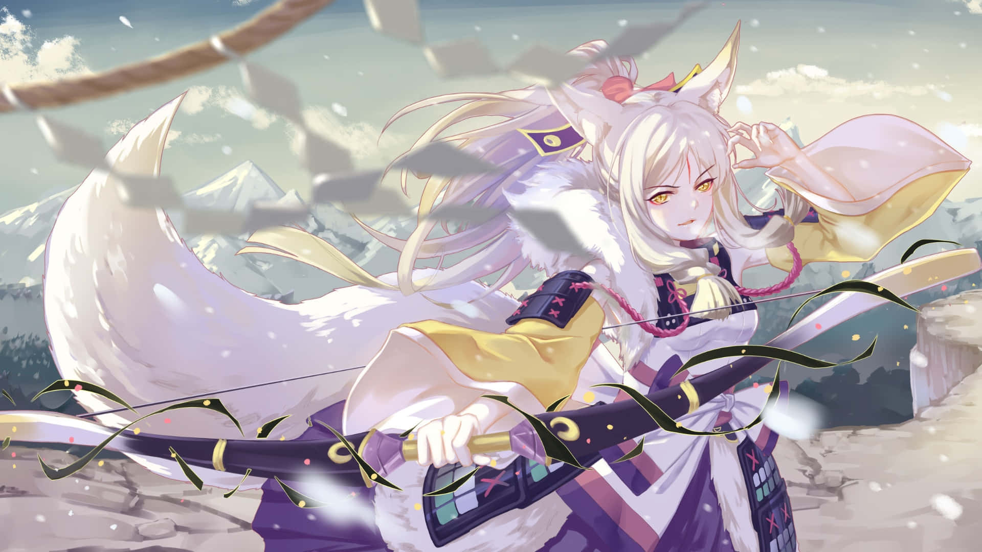 anime fox spirit warrior, fox-eared anime girl, white purple and gold kimono, Full HD Desktop Wallpaper