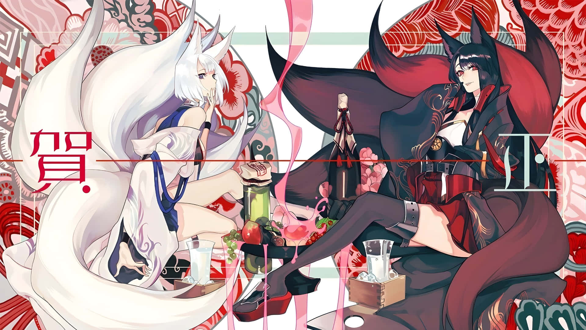 Anime Fox, white and red outfits, table with drinks and fruit, Full HD Desktop Wallpaper