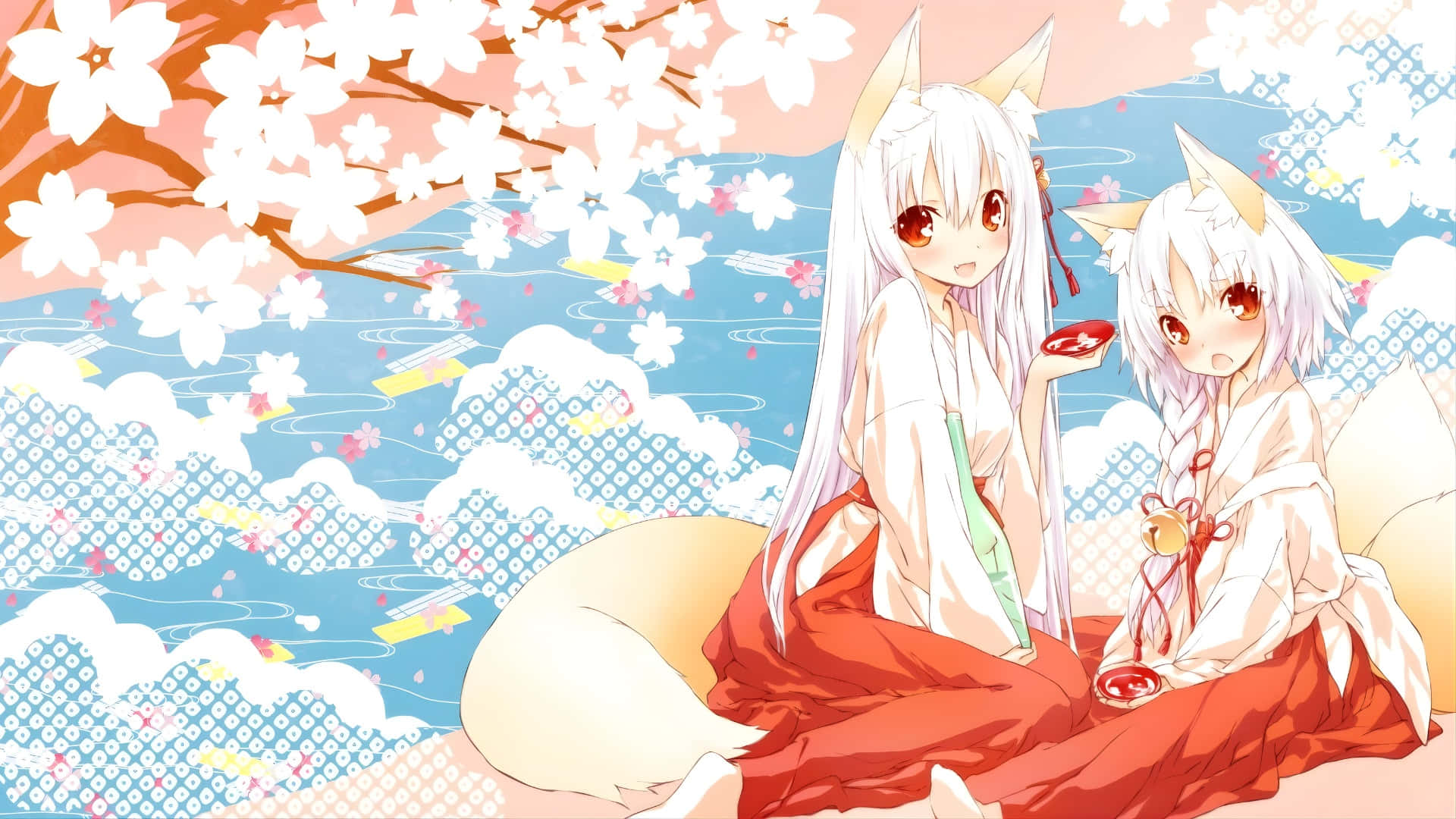 anime fox spirits, white and red kimonos, blooming cherry blossoms, Full HD Desktop Wallpaper