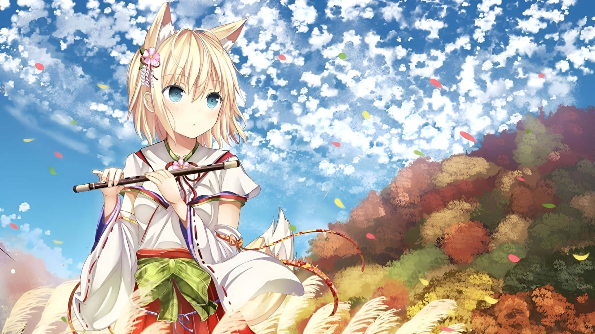 anime fox girl, flute, white kimono, Full HD Desktop Wallpaper