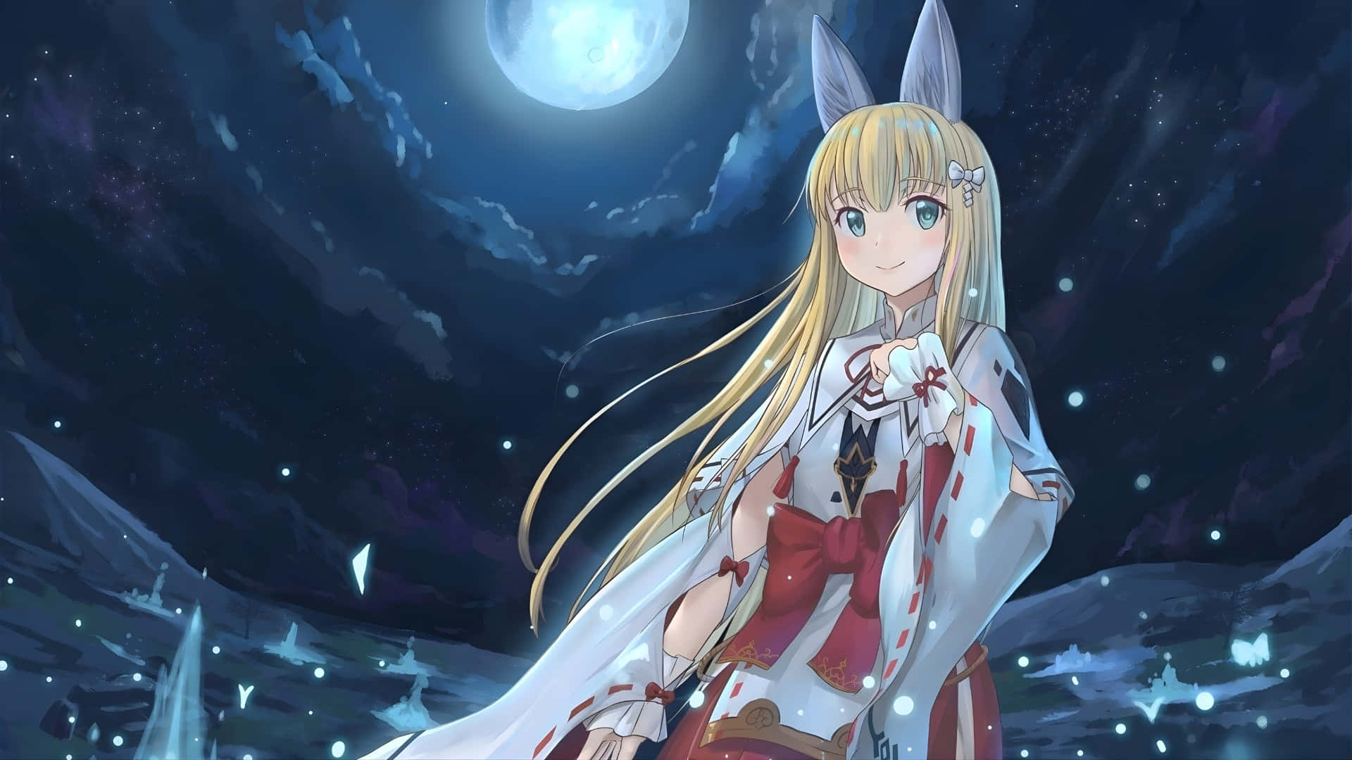 anime fox, under moonlight, glowing full moon, Full HD Desktop Wallpaper