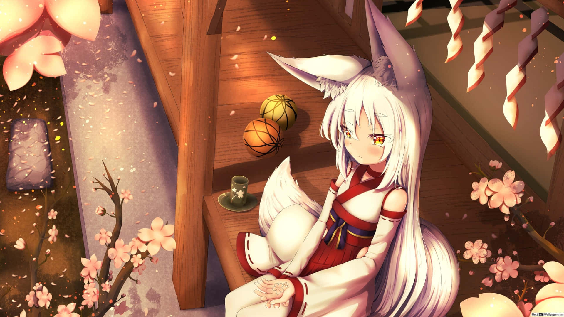 fox girl, red and white kimono, wooden stairs, Full HD Desktop Wallpaper