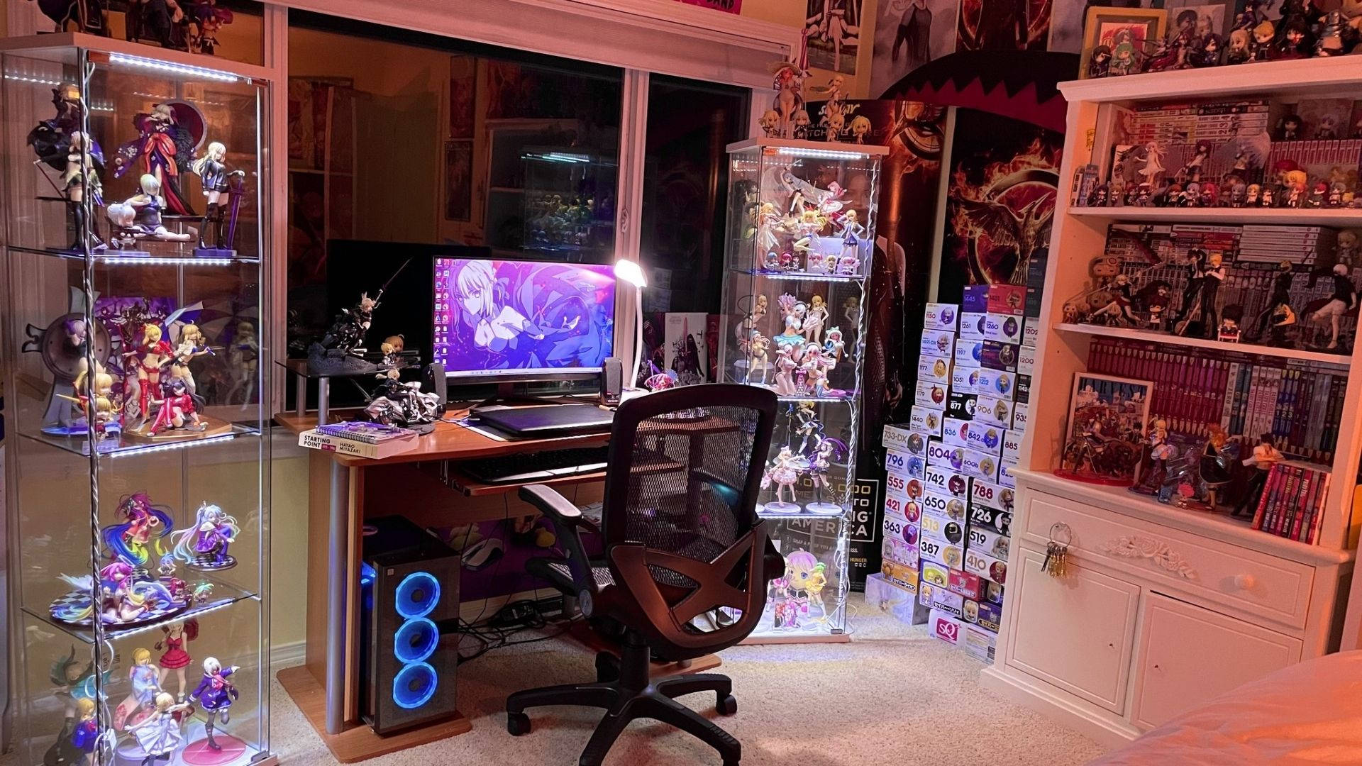 Anime Collector Room, glowing display cases, figurines, Full HD Desktop Wallpaper