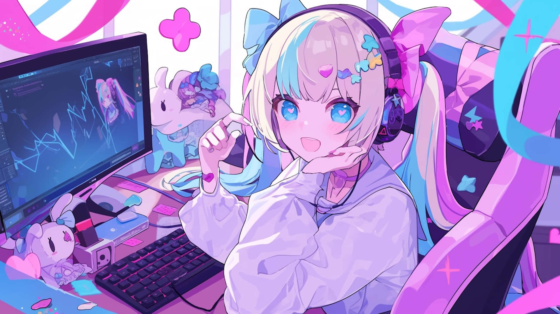 anime girl, blue eyes, pink hair, Full HD Desktop Wallpaper