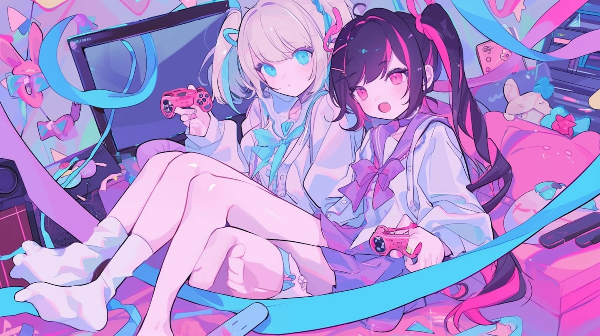 Gamer Girls Anime Artwork, pink and blue hair, couch, Full HD Desktop Wallpaper