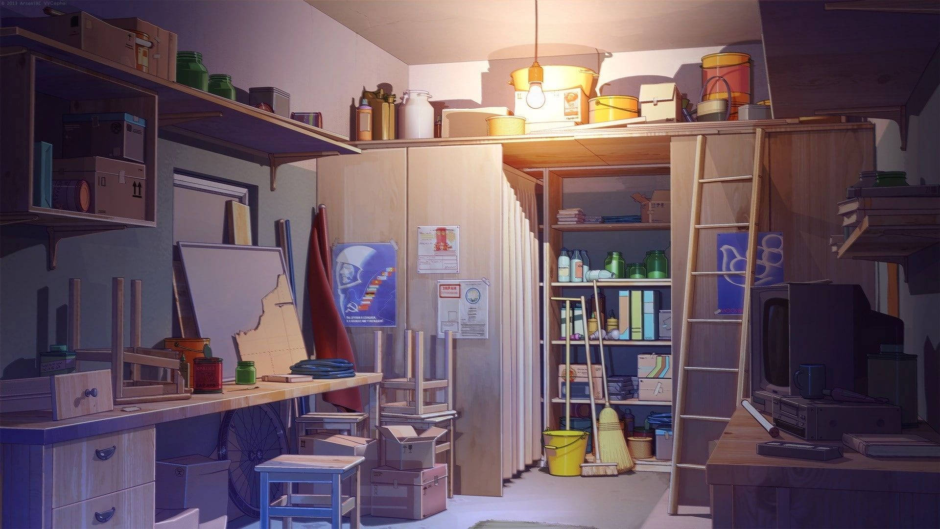 Storage Anime Room, cozy cluttered attic workshop, warm lamp light, Full HD Desktop Wallpaper