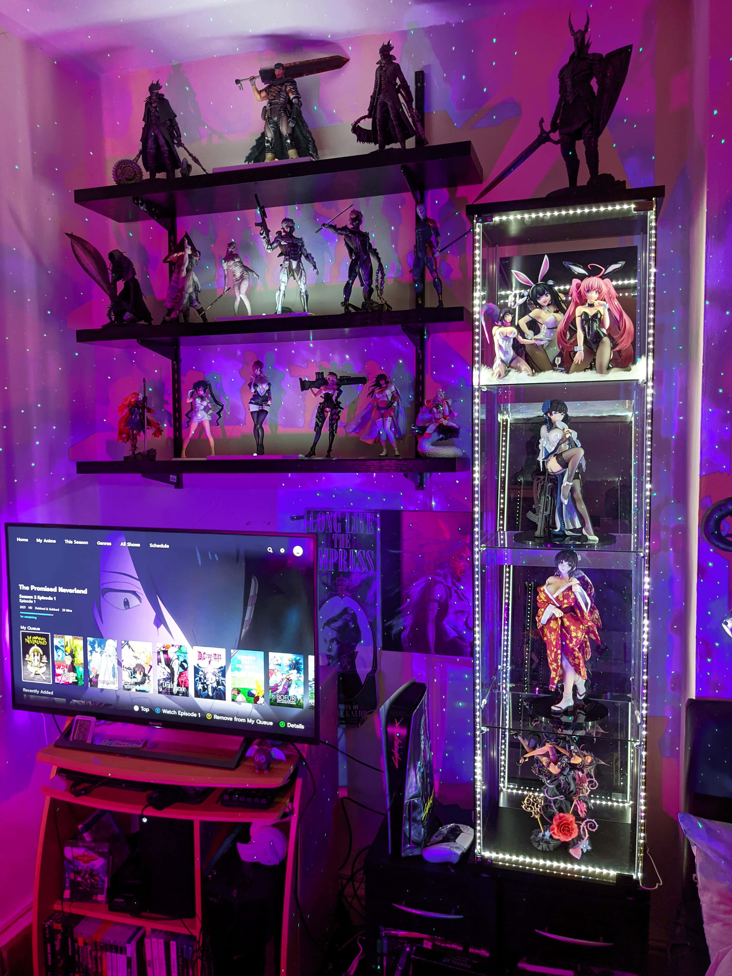 Anime Gamer Room, purple light, shelves of anime figurines, 4K Phone Wallpaper