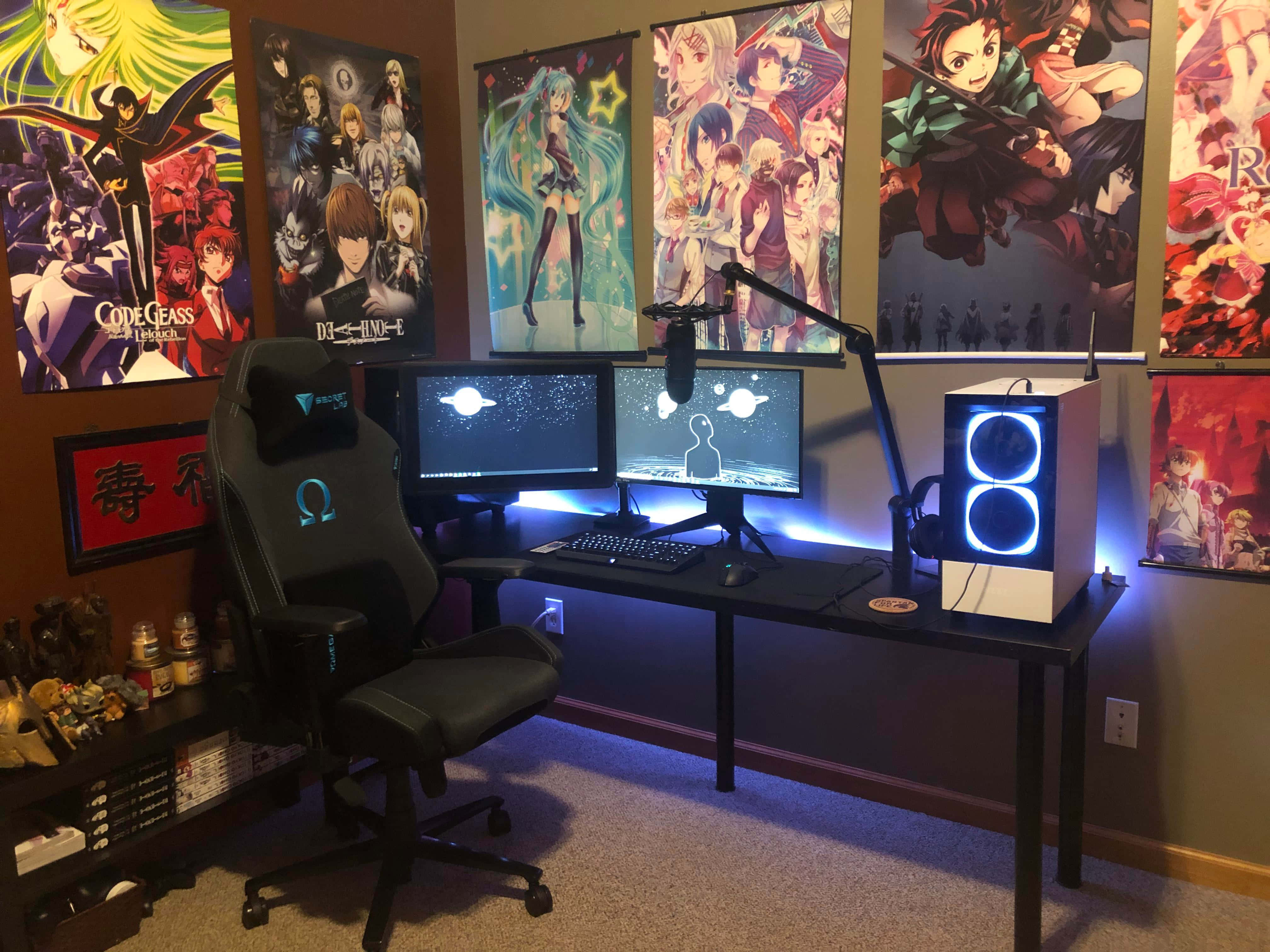anime posters, dual monitors, glowing blue, 4K Desktop Wallpaper