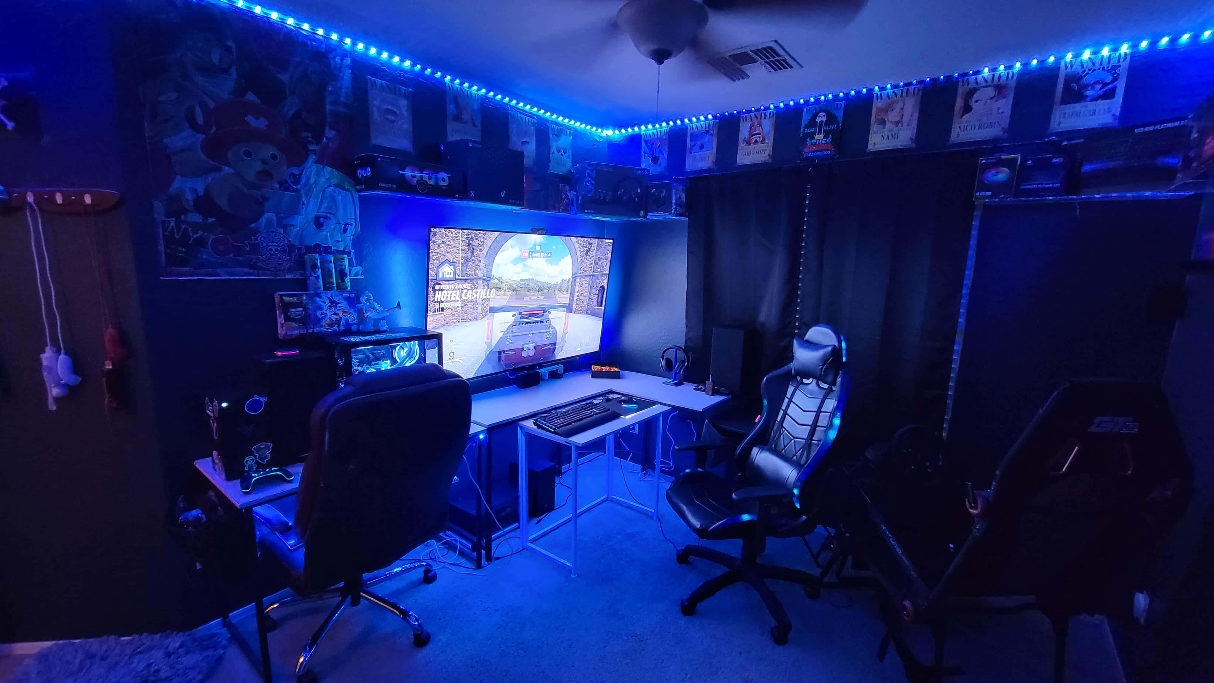 gamer room, blue LED light, two chairs, 4K Desktop Wallpaper