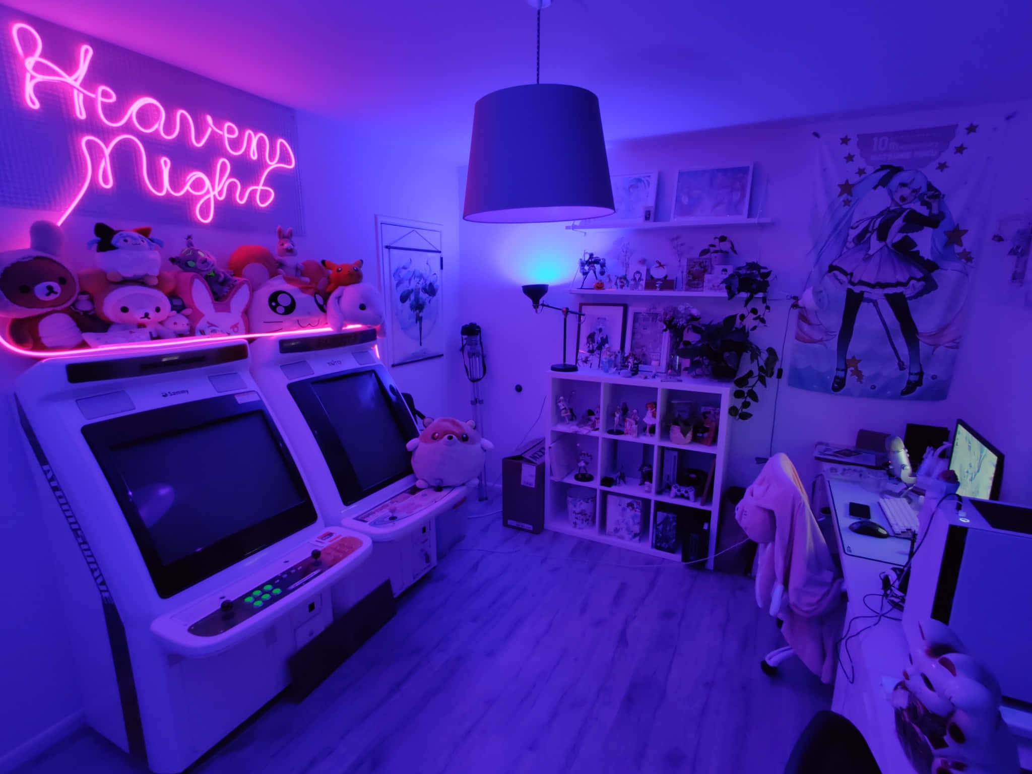 Anime Gamer Room, neon glow, purple neon light, Full HD Desktop Wallpaper