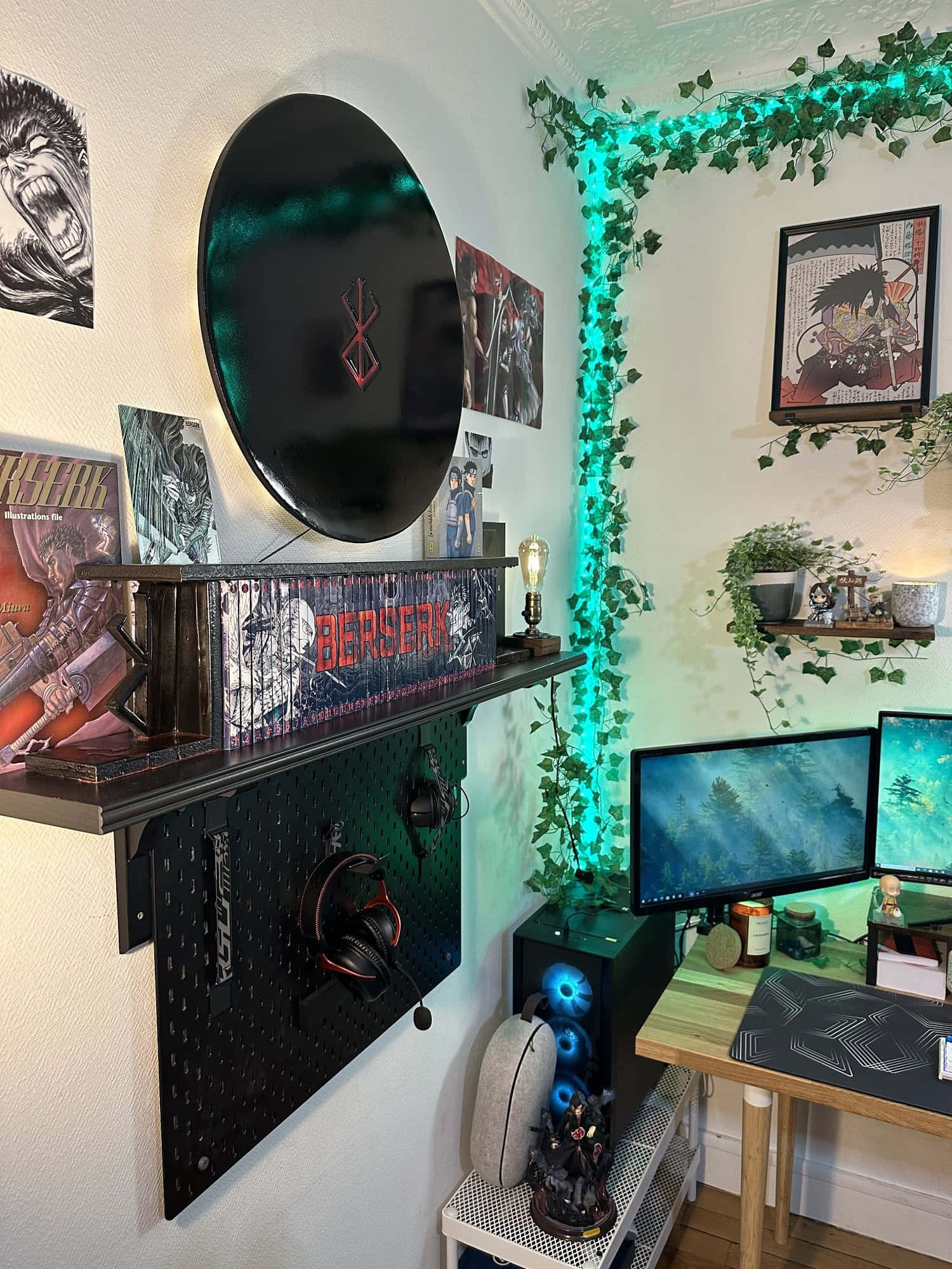 anime-themed gaming setup, glowing green vines, black pegboard wall, Full HD Phone Wallpaper