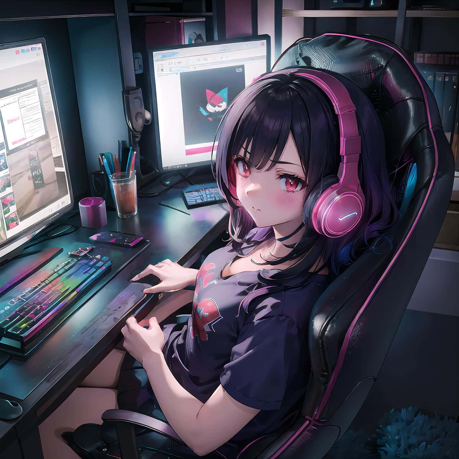 anime girl, dark hair, red eyes, HD Desktop Wallpaper