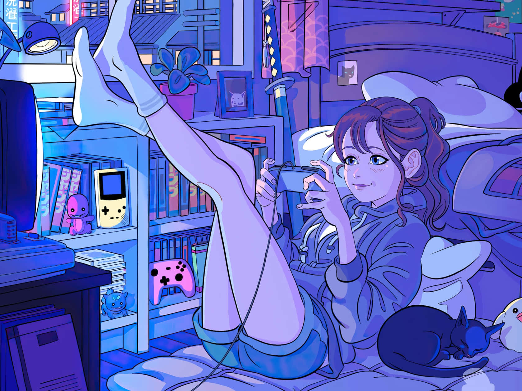 Anime Gamer Girl, neon blue room, handheld game console, HD Desktop Wallpaper