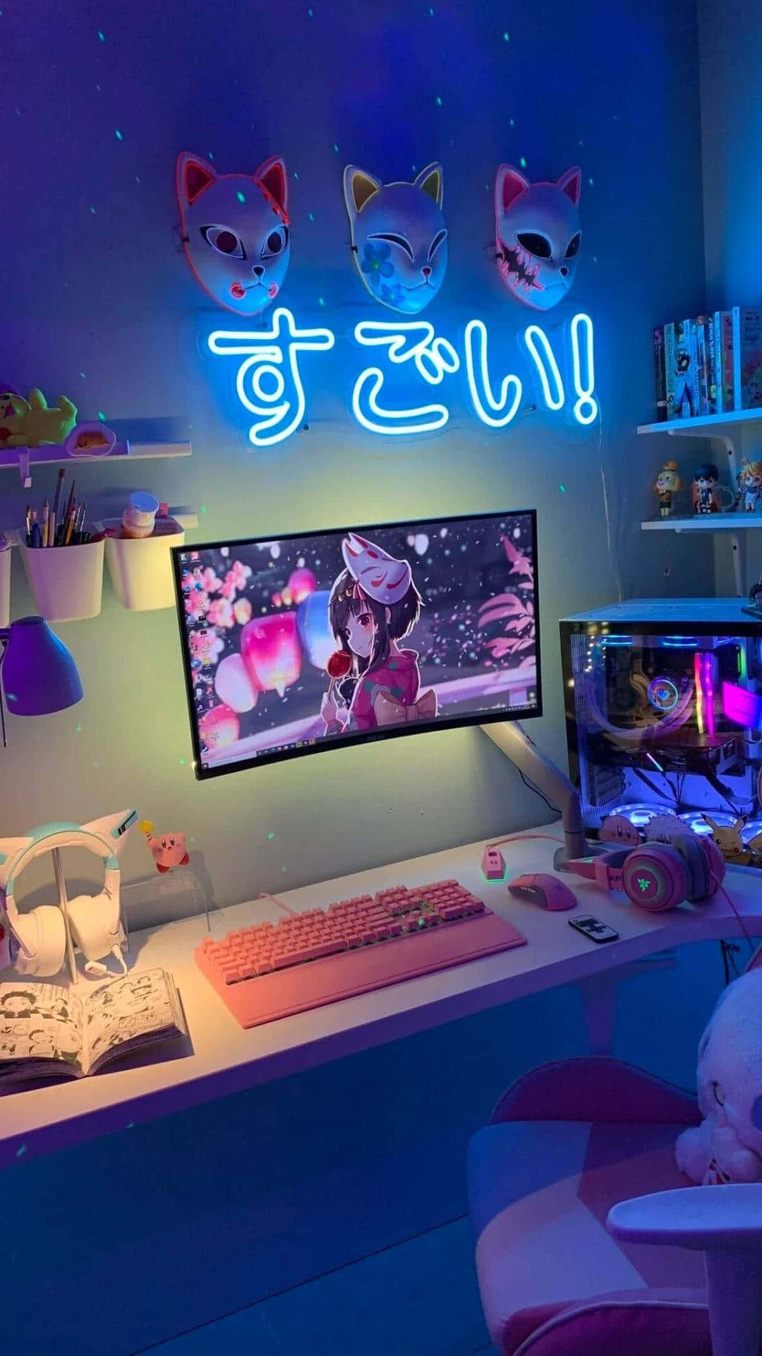 anime-themed gaming desk, blue neon light, cat masks, Full HD Phone Wallpaper