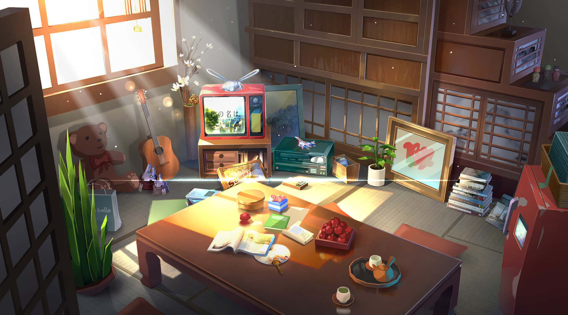 cozy anime gamer room, sunlit interior, Japanese room, Full HD Desktop Wallpaper