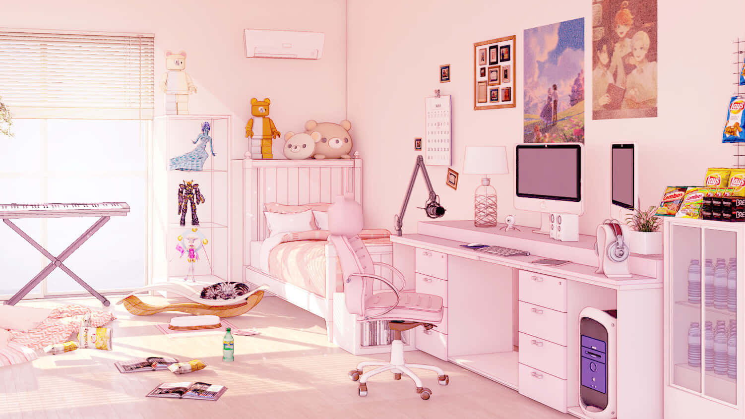 pastel anime gamer room, pink bedroom, bed desk, HD Desktop Wallpaper