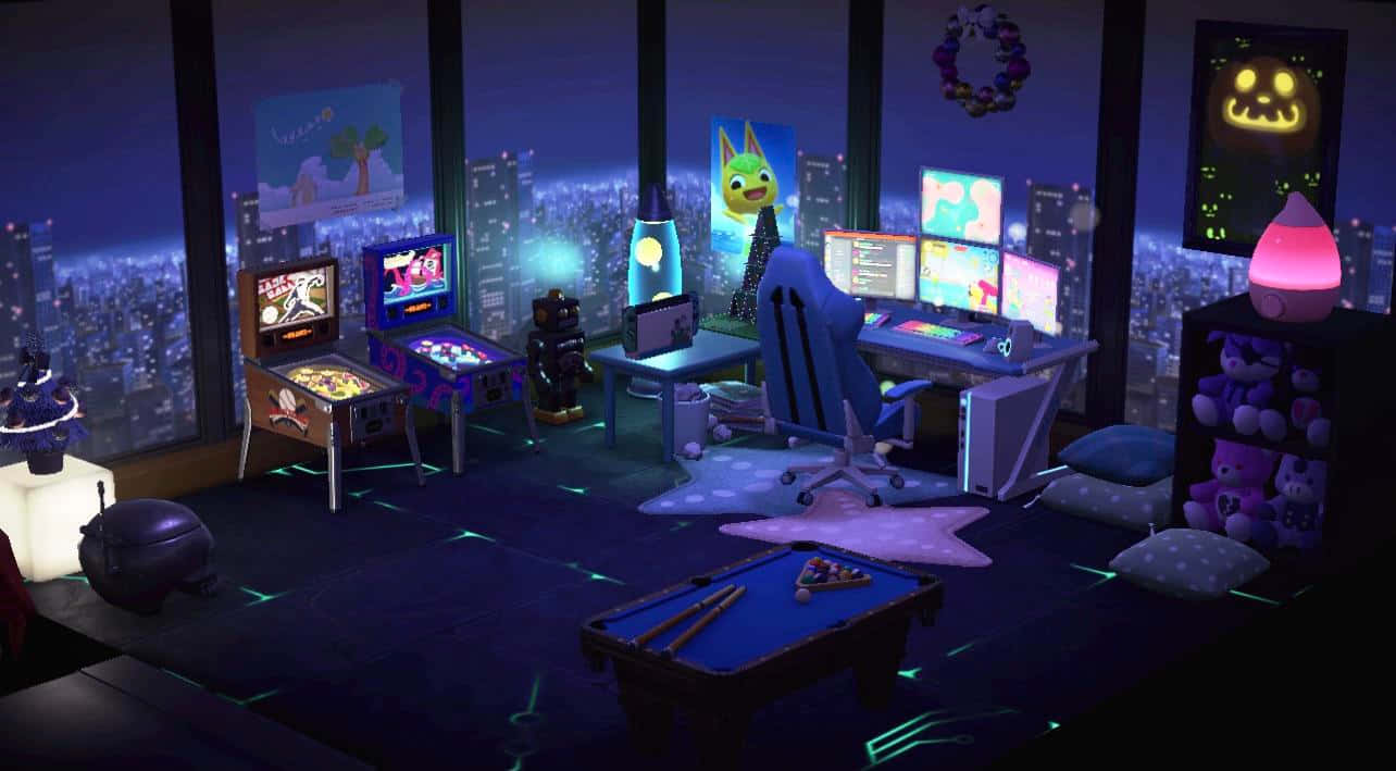 Anime Gamer Room, neon-lit, pinball machines, HD Desktop Wallpaper