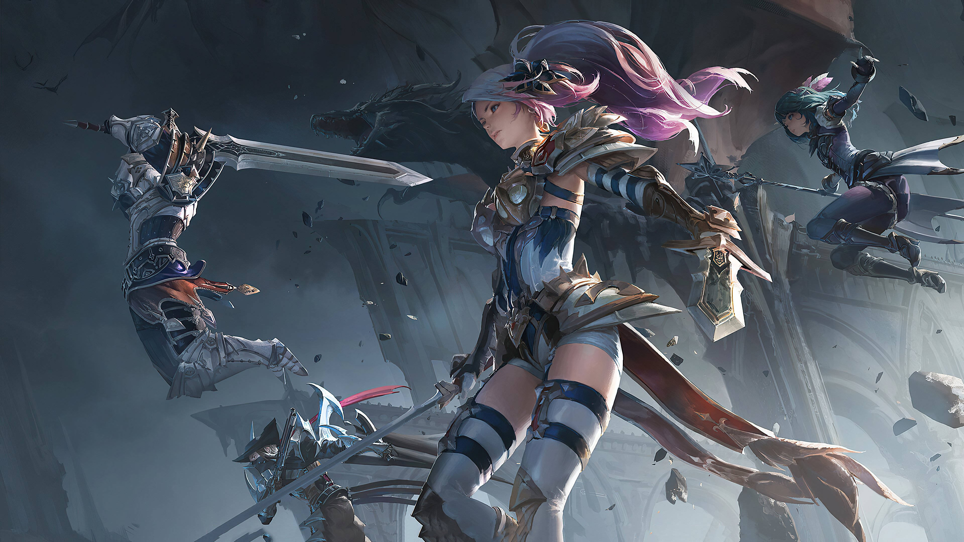 Anime Gaming, warrior girl, crumbling ruin, 4K Desktop Wallpaper