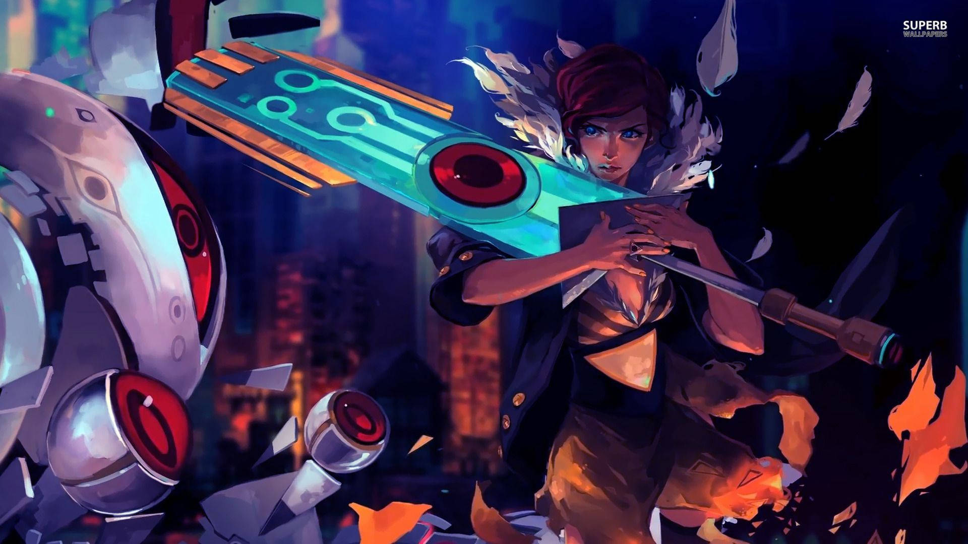 Anime Gaming, red hair, glowing cyan weapon, Full HD Desktop Wallpaper