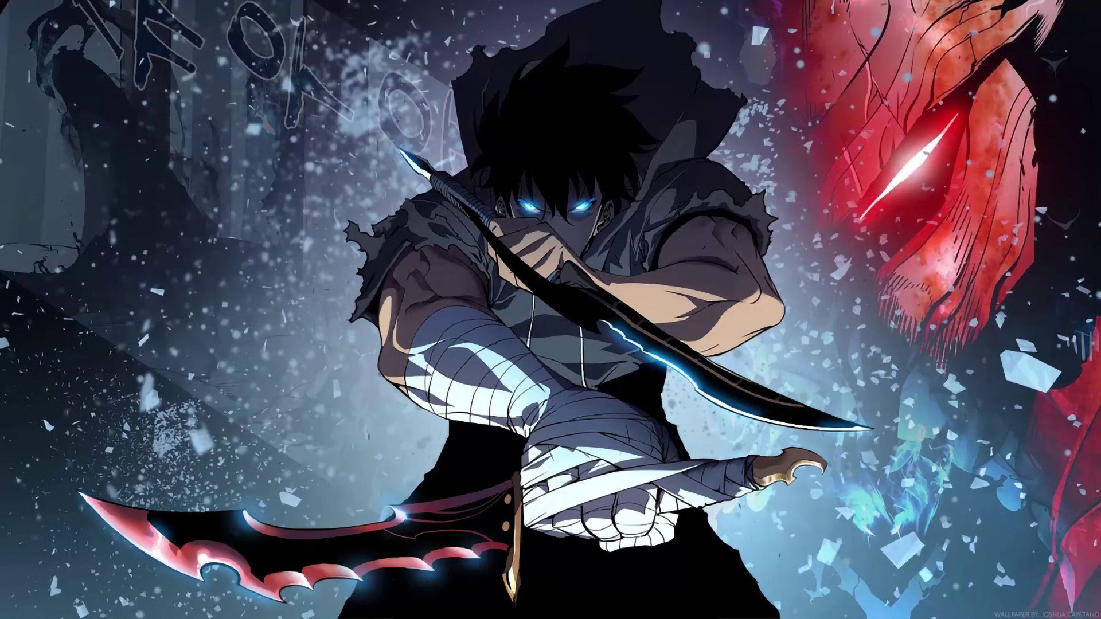 Anime Gaming, dark-haired anime warrior, glowing blue eyes, 4K Desktop Wallpaper