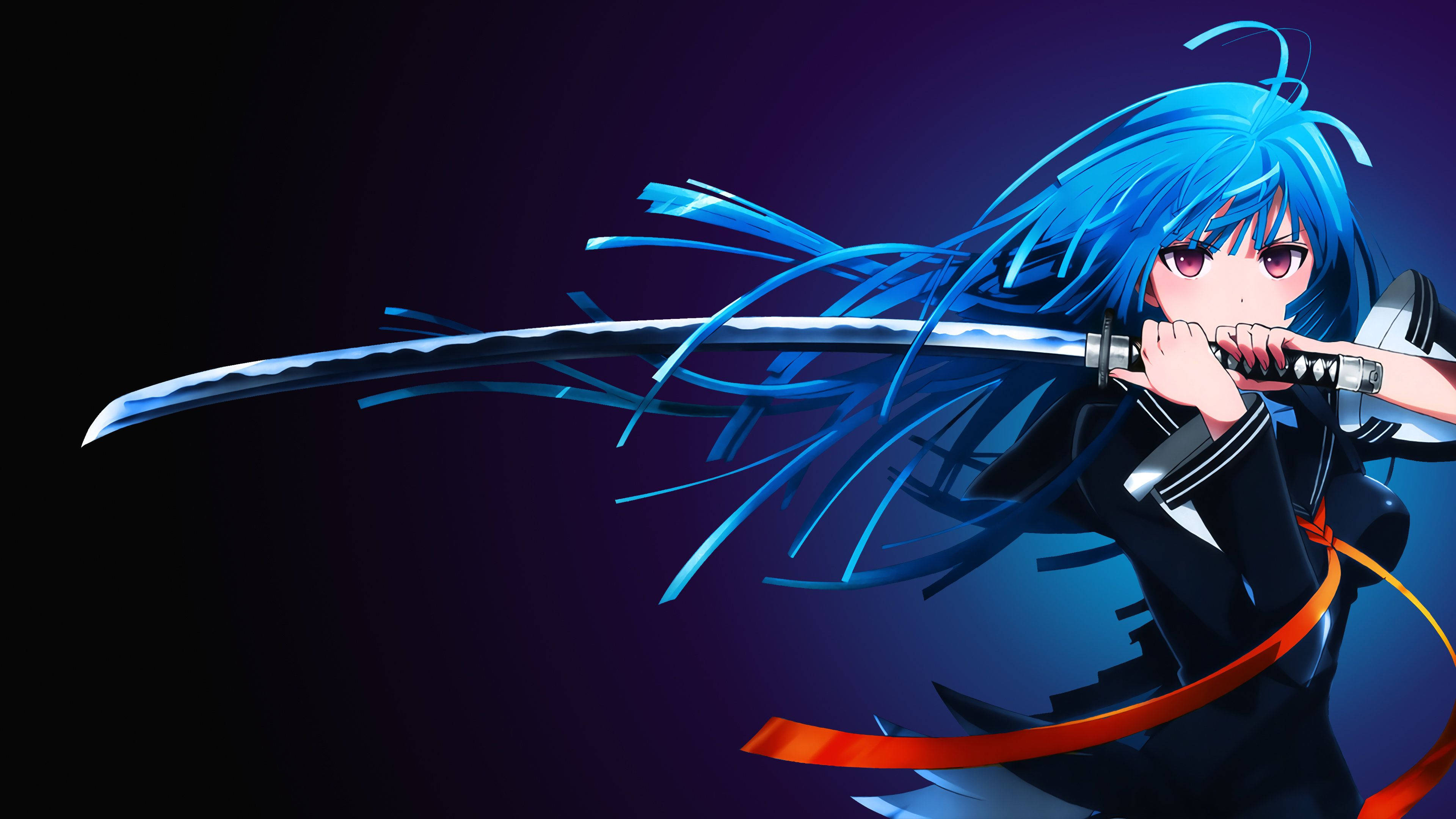 Anime Gaming, blue-haired anime girl, katana, 4K Desktop Wallpaper