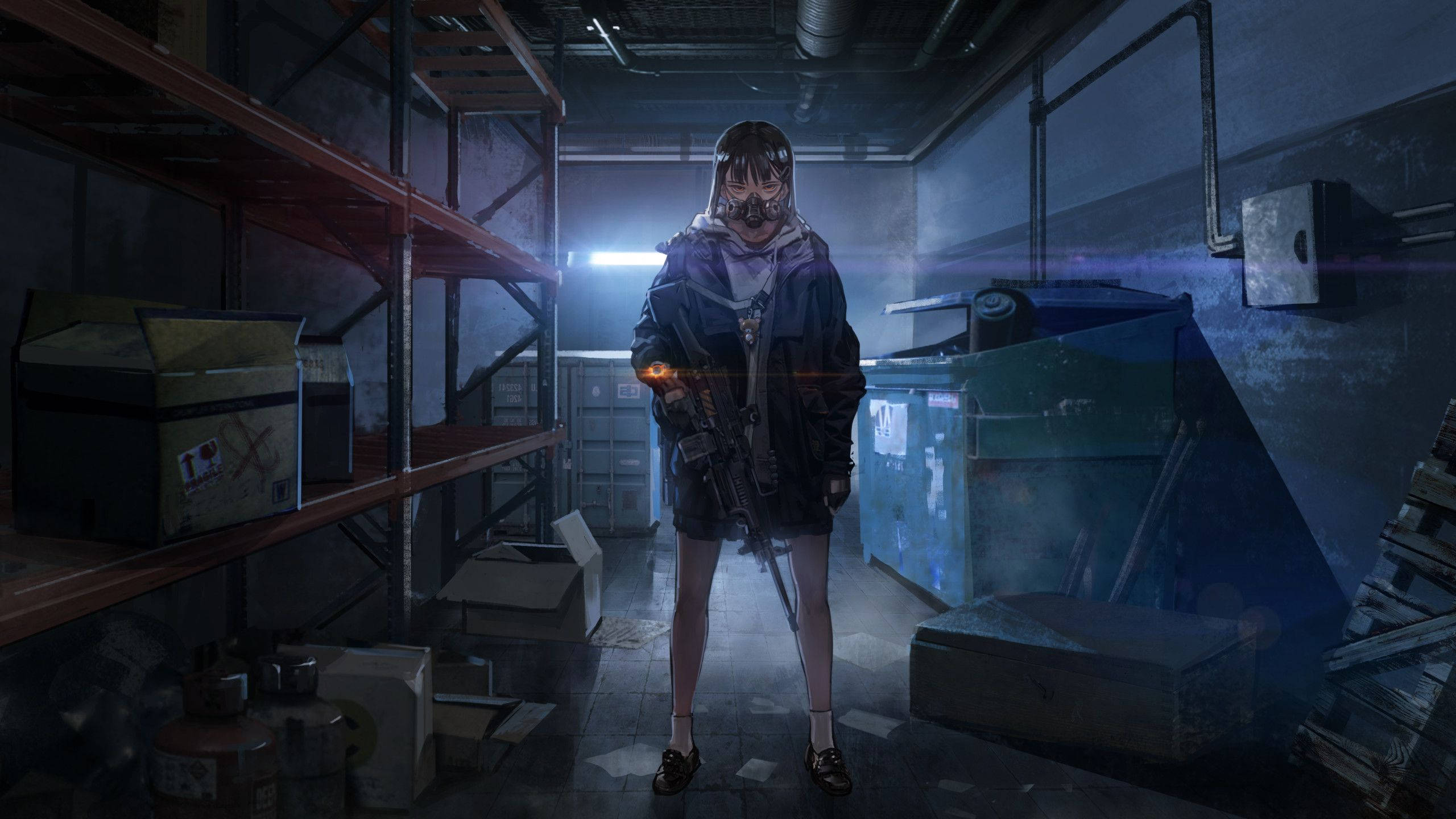 Anime Gaming, masked anime girl, rifle, 2K Desktop Wallpaper