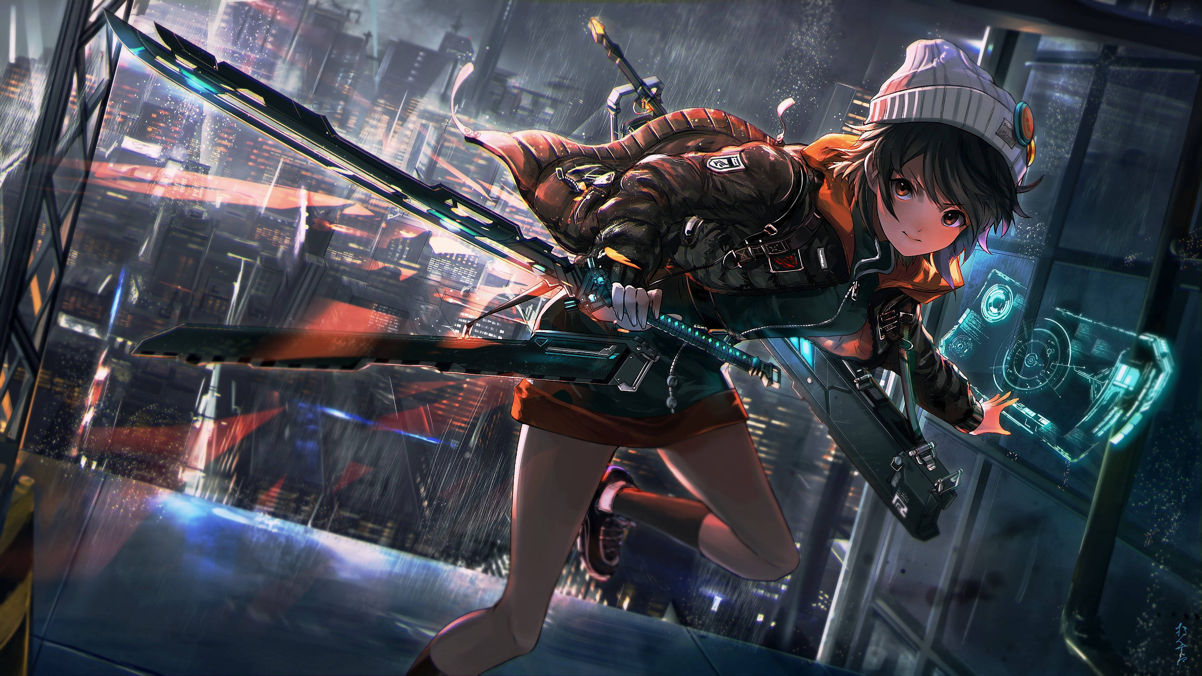 Anime Gaming, cyberpunk anime girl, glowing sword, 4K Desktop Wallpaper