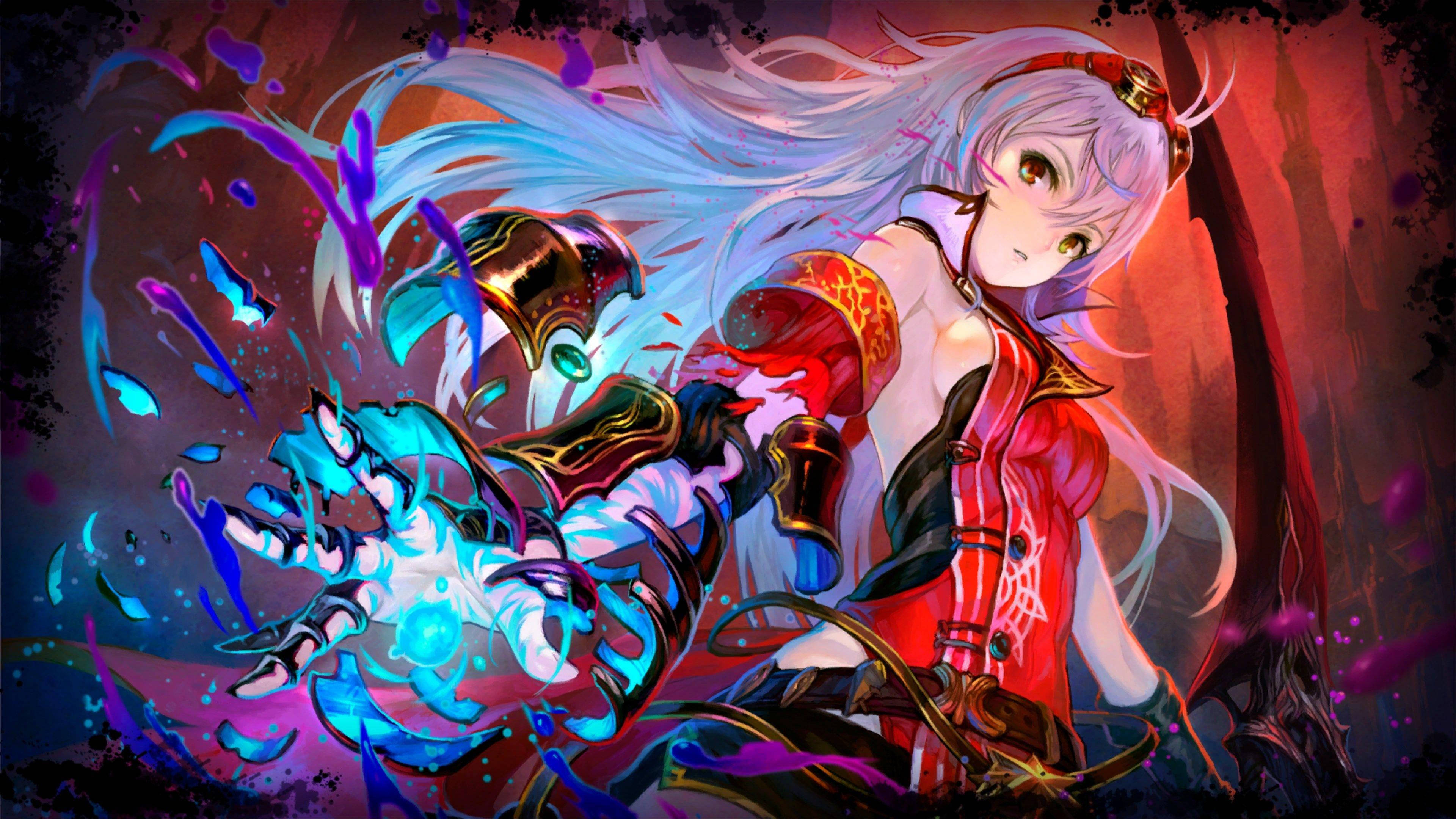 Anime Gaming, silver-haired anime girl, red armor, 4K Desktop Wallpaper