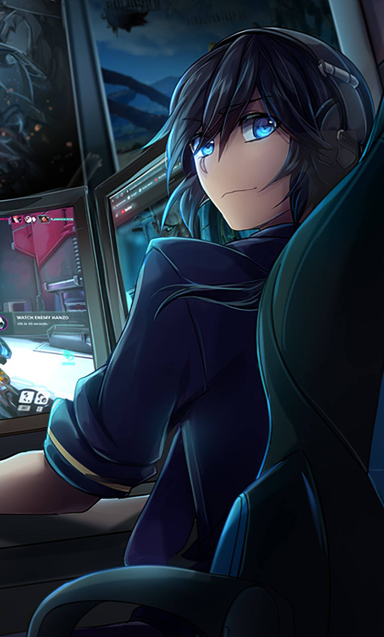 Anime Gaming Boy, 4K Portrait, glowing blue eyes, Full HD Phone Wallpaper