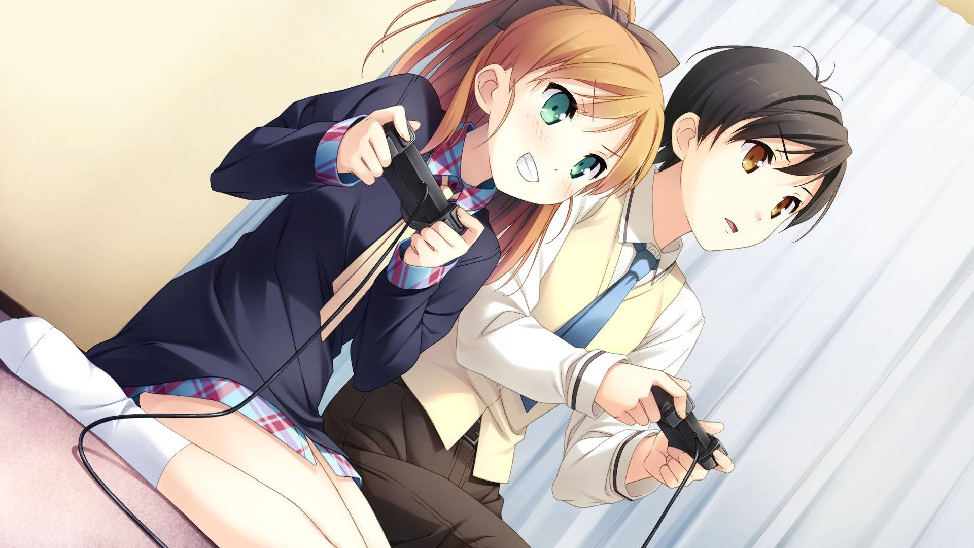 Anime Couple Gaming Time, anime teens, school uniforms, Full HD Desktop Wallpaper