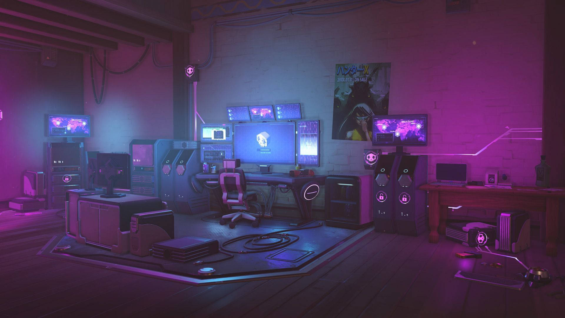 neon-lit, gaming room, multiple monitors, Full HD Desktop Wallpaper