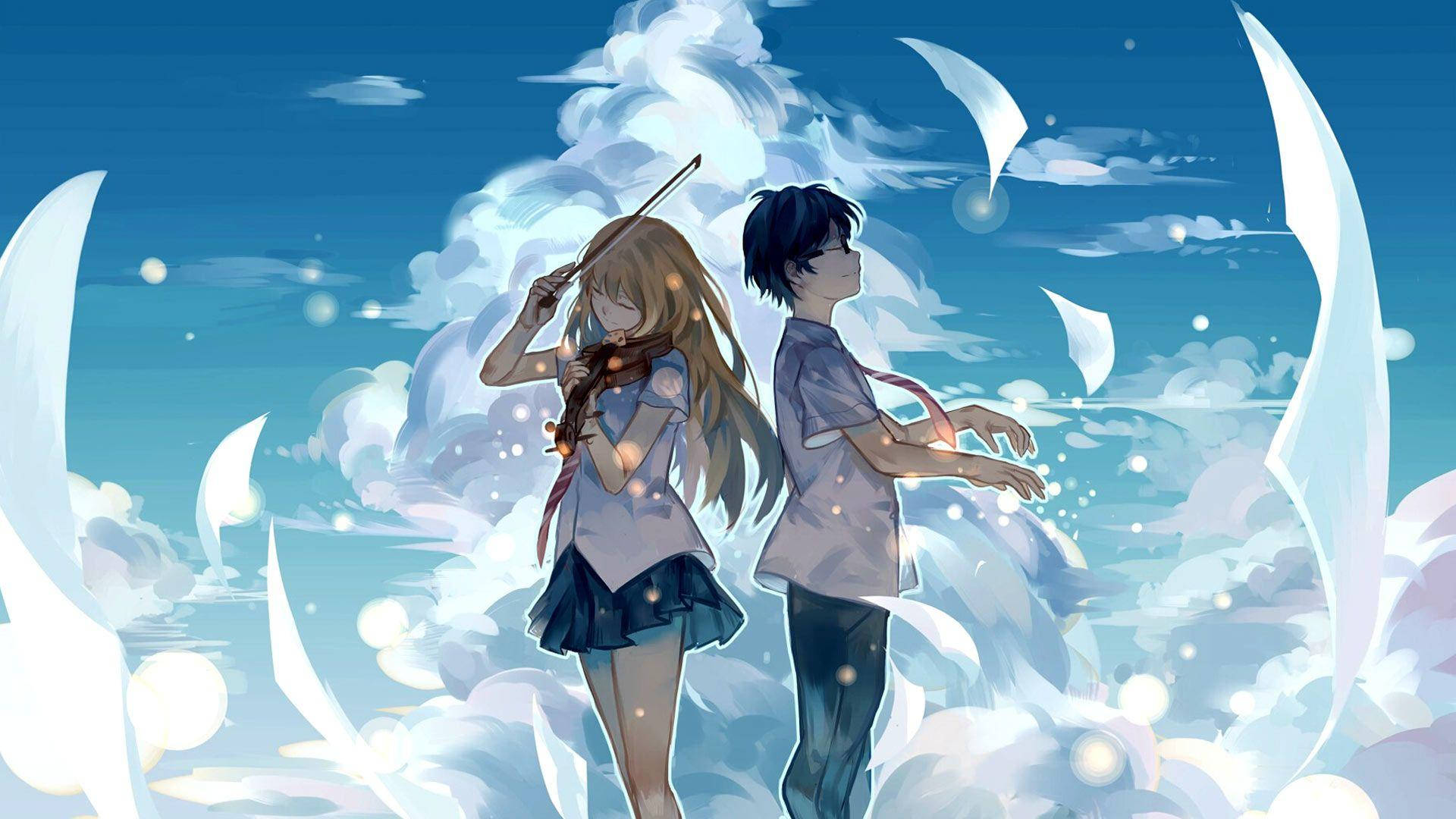 anime teens, swirling clouds, glowing particles, Full HD Desktop Wallpaper