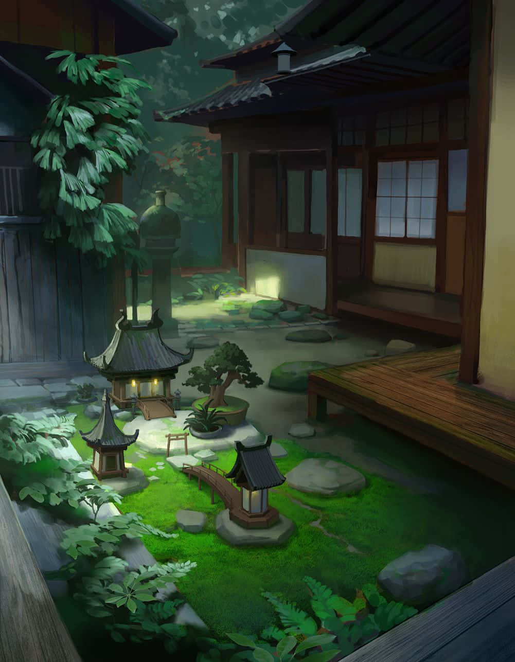 Anime Garden, Japanese garden courtyard, dusk, HD Phone Wallpaper