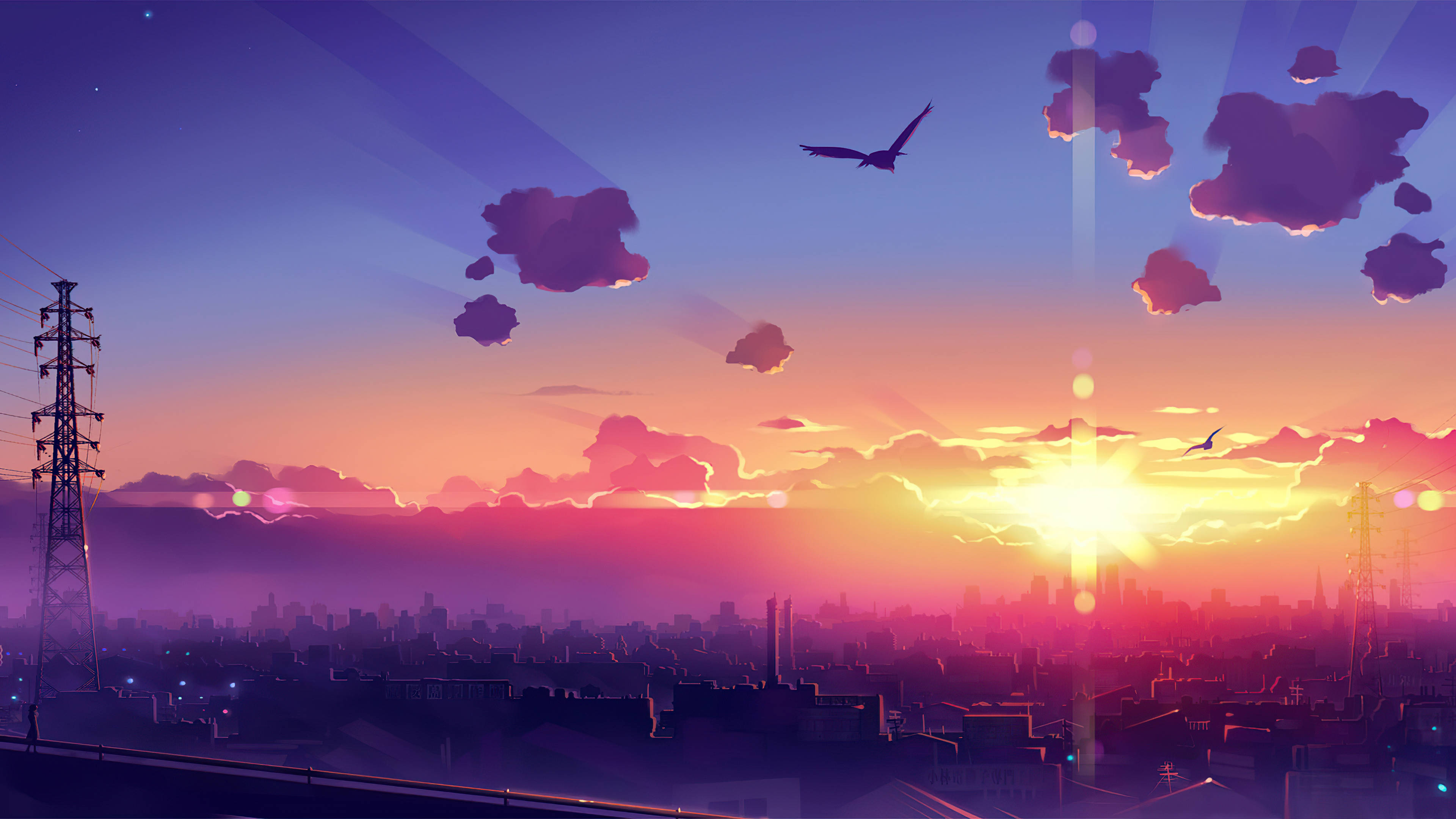 vibrant sunset, urban skyline, hues of pink purple and gold, 4K Desktop Wallpaper