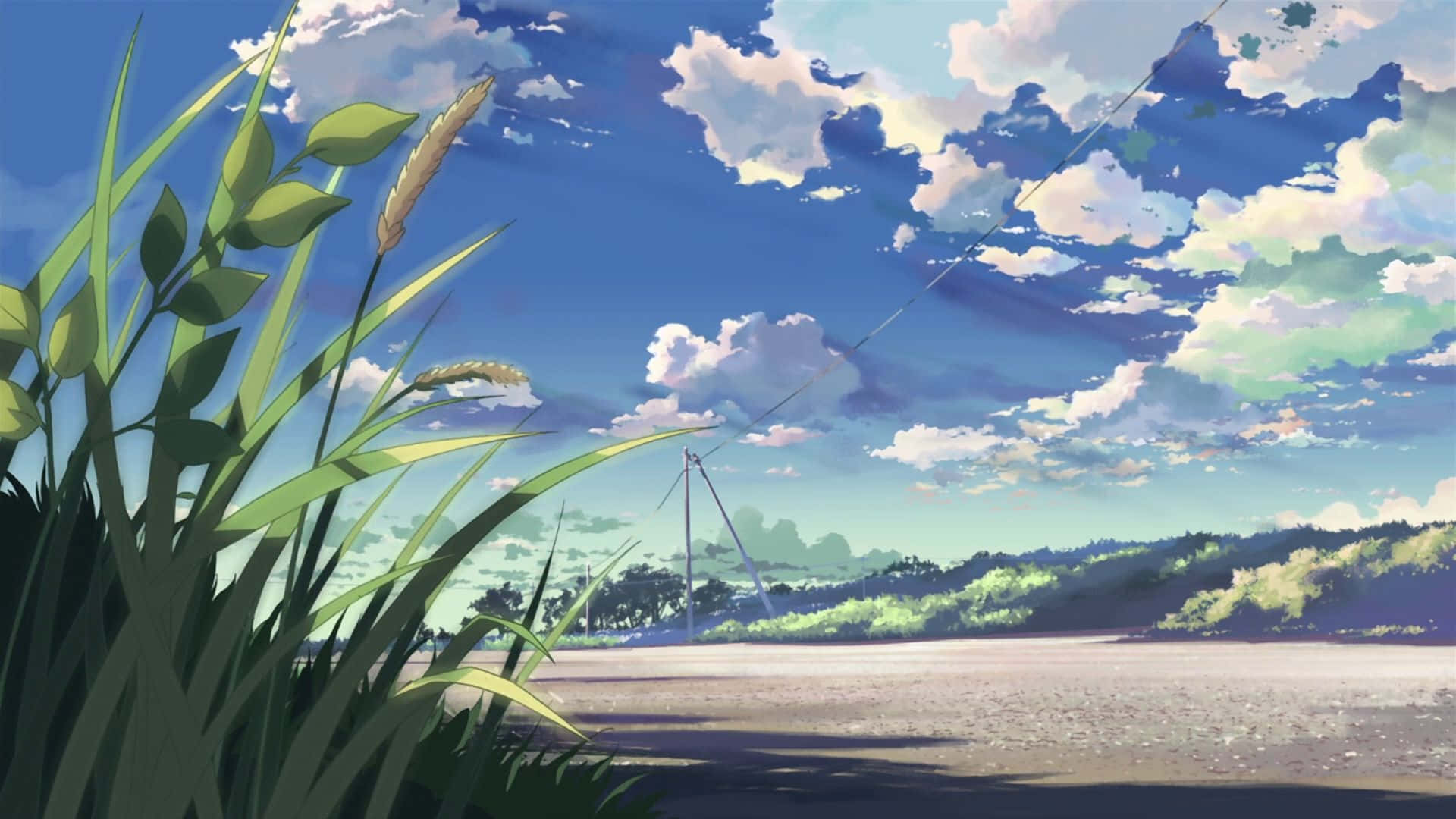 Anime Park Scenery, green reeds, vast blue sky, Full HD Desktop Wallpaper