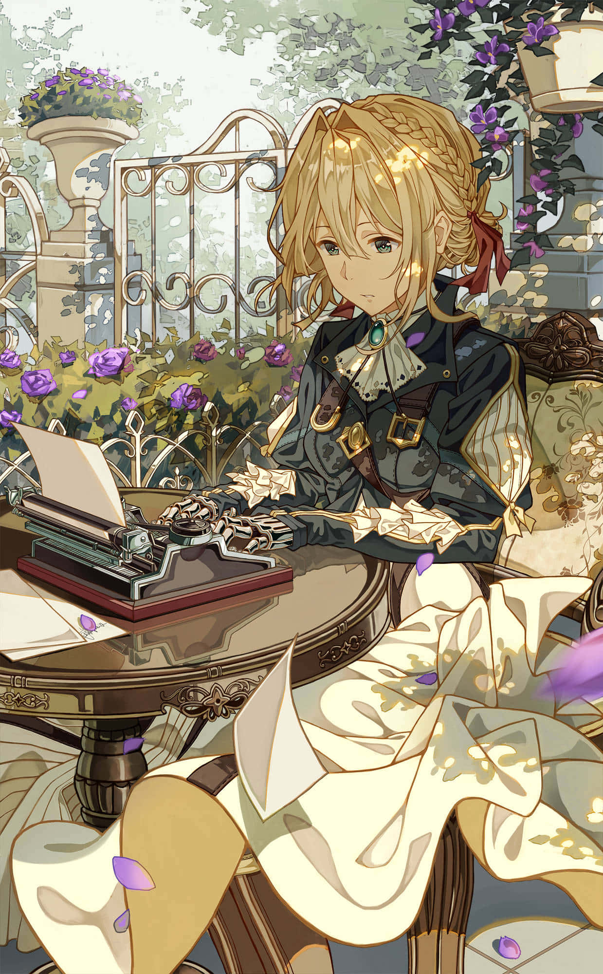 Anime Garden, blonde anime girl, Victorian outfit, Full HD Phone Wallpaper
