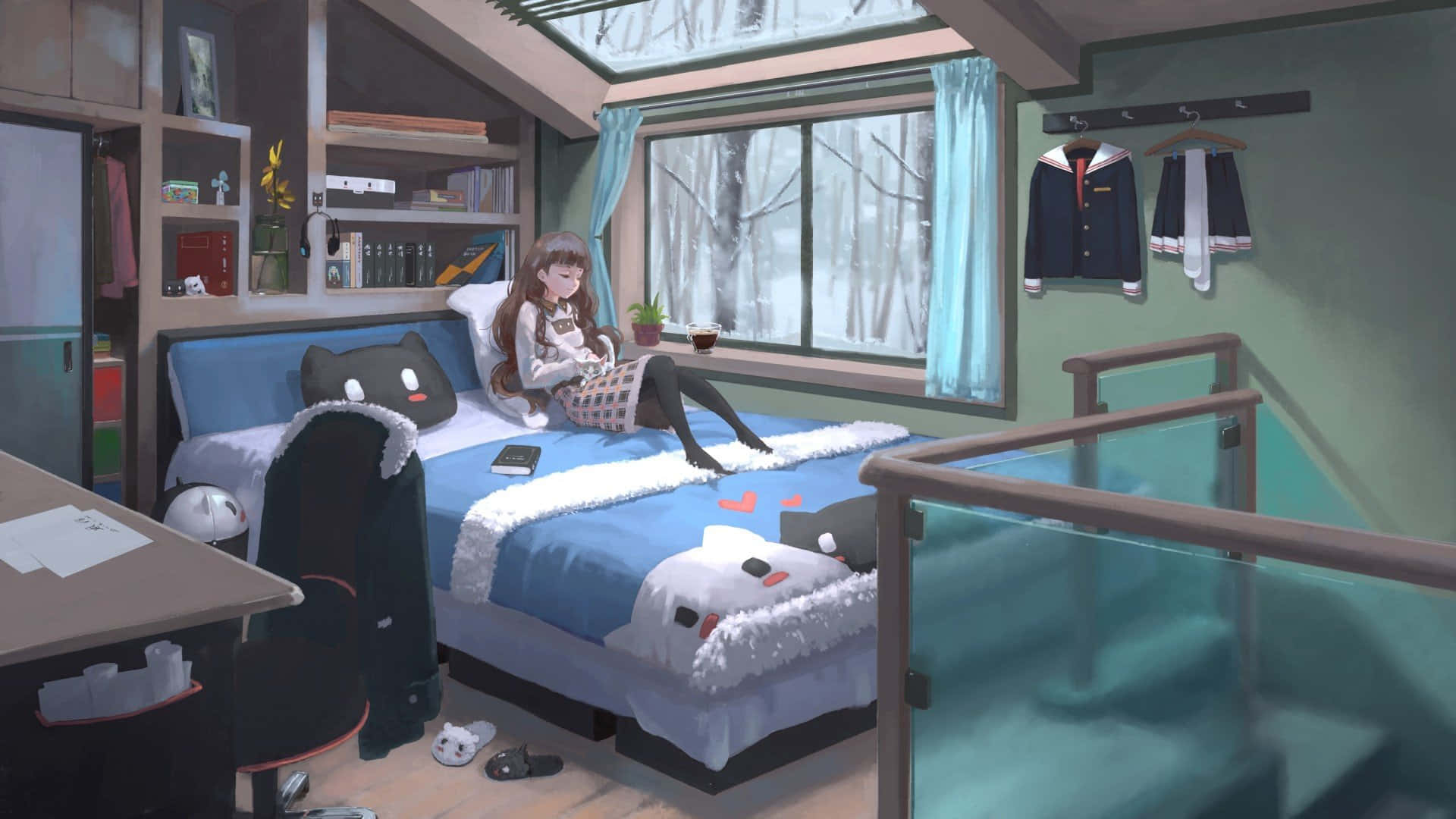 cozy anime, attic room, snow outside window, Full HD Desktop Wallpaper
