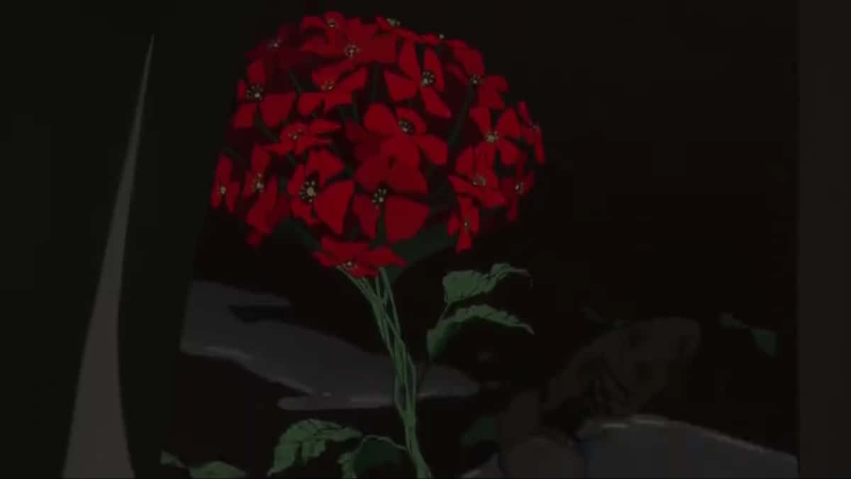 anime flower, vibrant red poinsettia, deep black background, SD Desktop Wallpaper