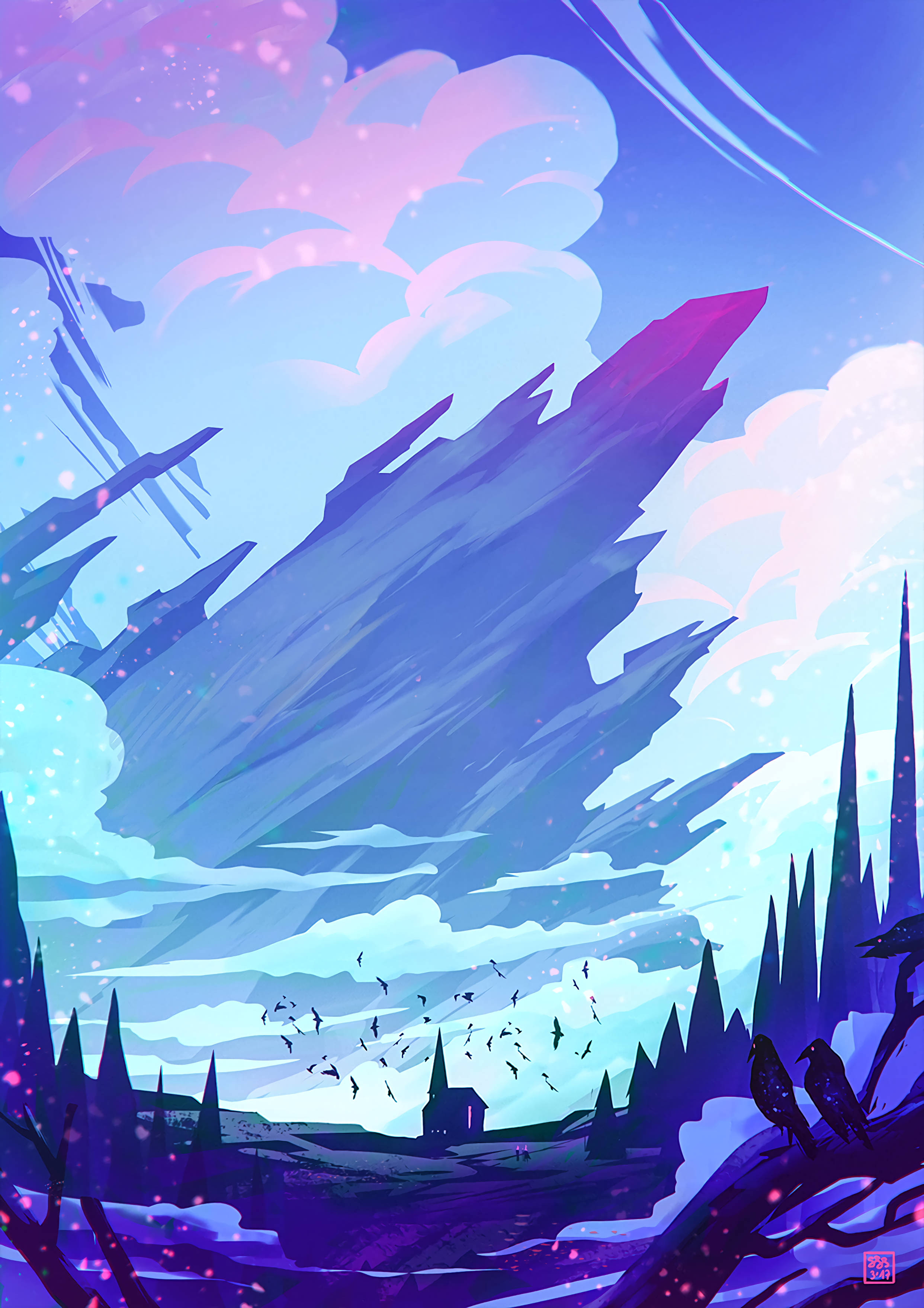 purple anime house, surreal purple and blue mountain landscape, lone church, 2K Phone Wallpaper