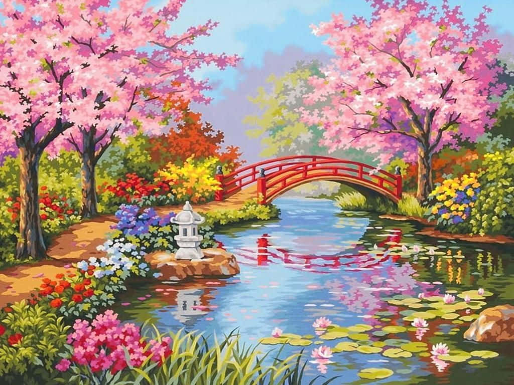 Anime Garden, red arched bridge, pond, SD Desktop Wallpaper