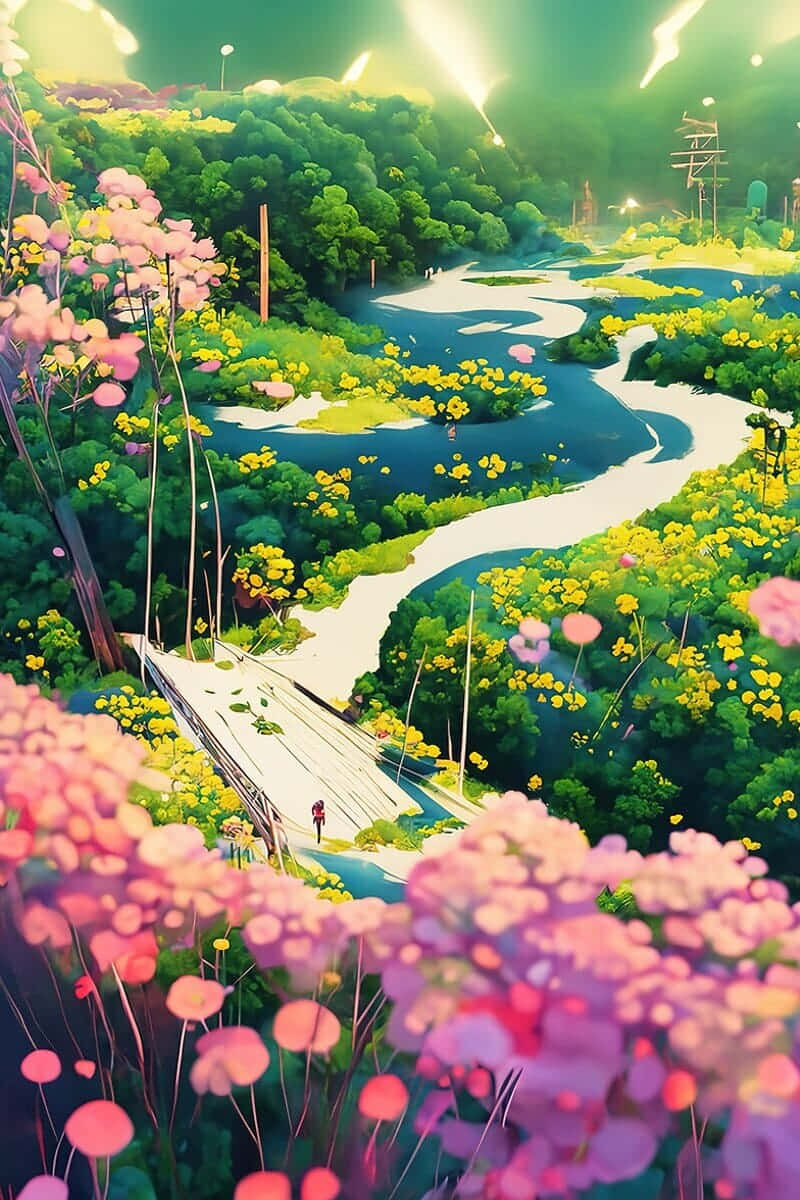 Anime Garden, Evergreen Freshness, wooden bridge, SD Phone Wallpaper