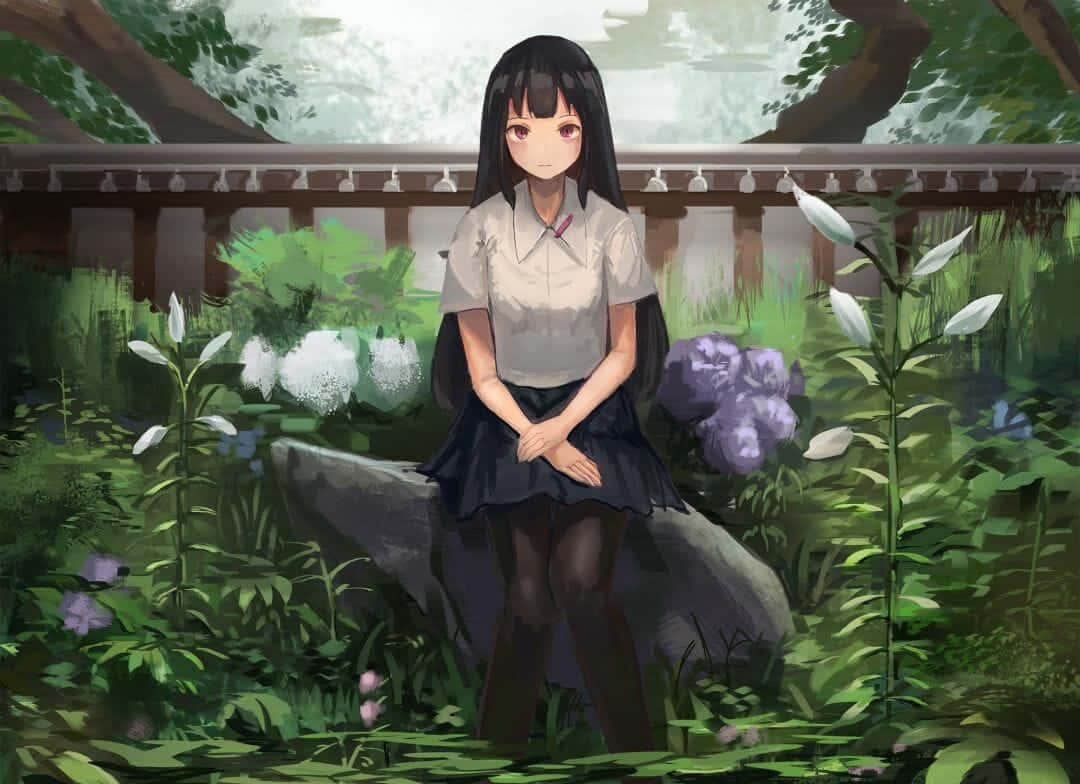 Anime Garden, long black hair girl, school uniform, SD Desktop Wallpaper