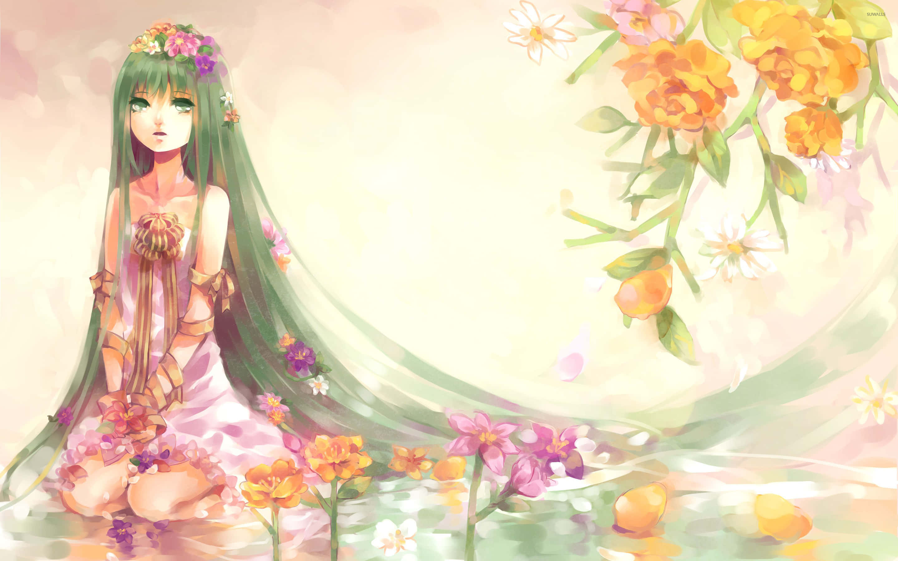anime girl, long green hair, floral crown, 2K Desktop Wallpaper