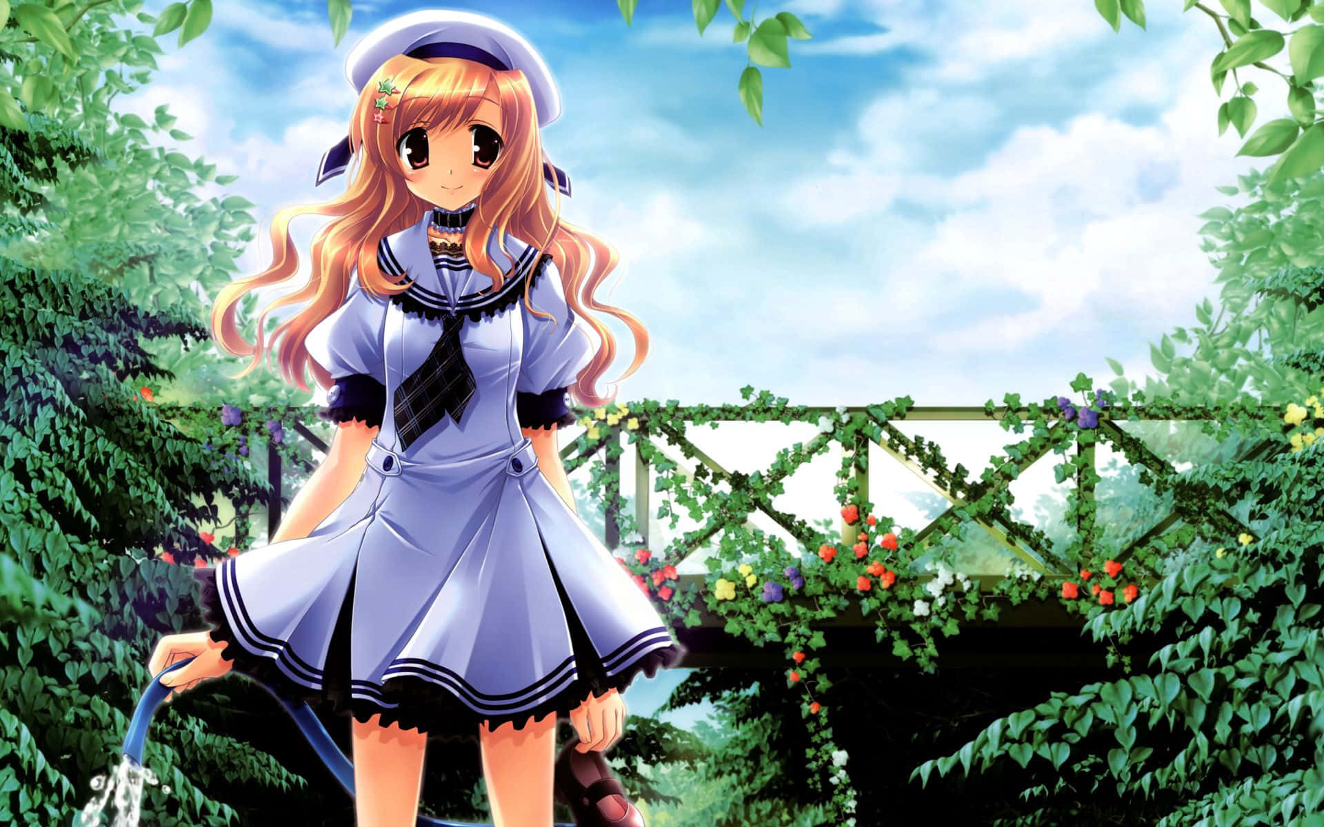 anime girl, sailor uniform, vine-covered bridge, Full HD Desktop Wallpaper