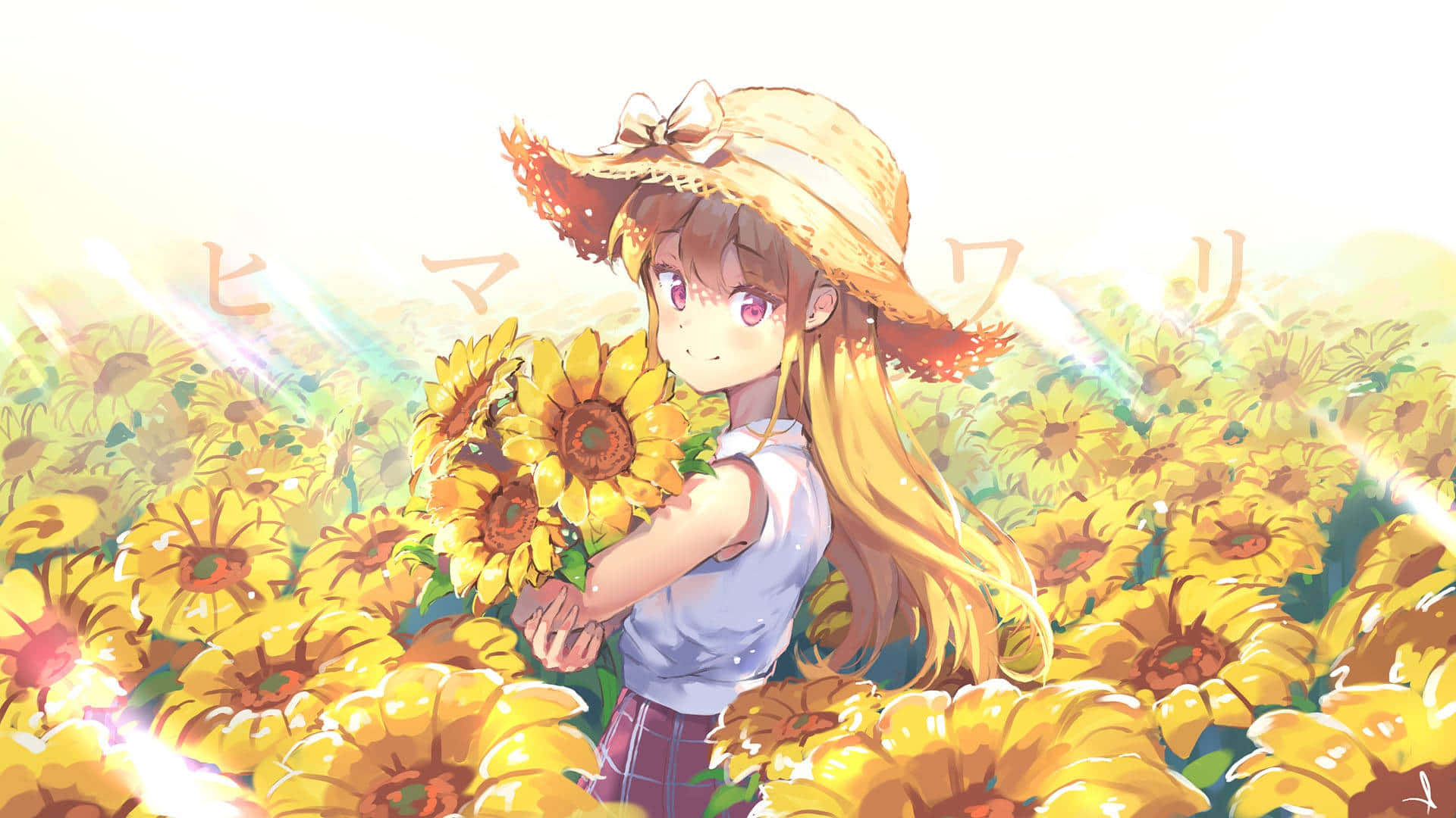 anime girl, long blonde hair, straw hat, Full HD Desktop Wallpaper