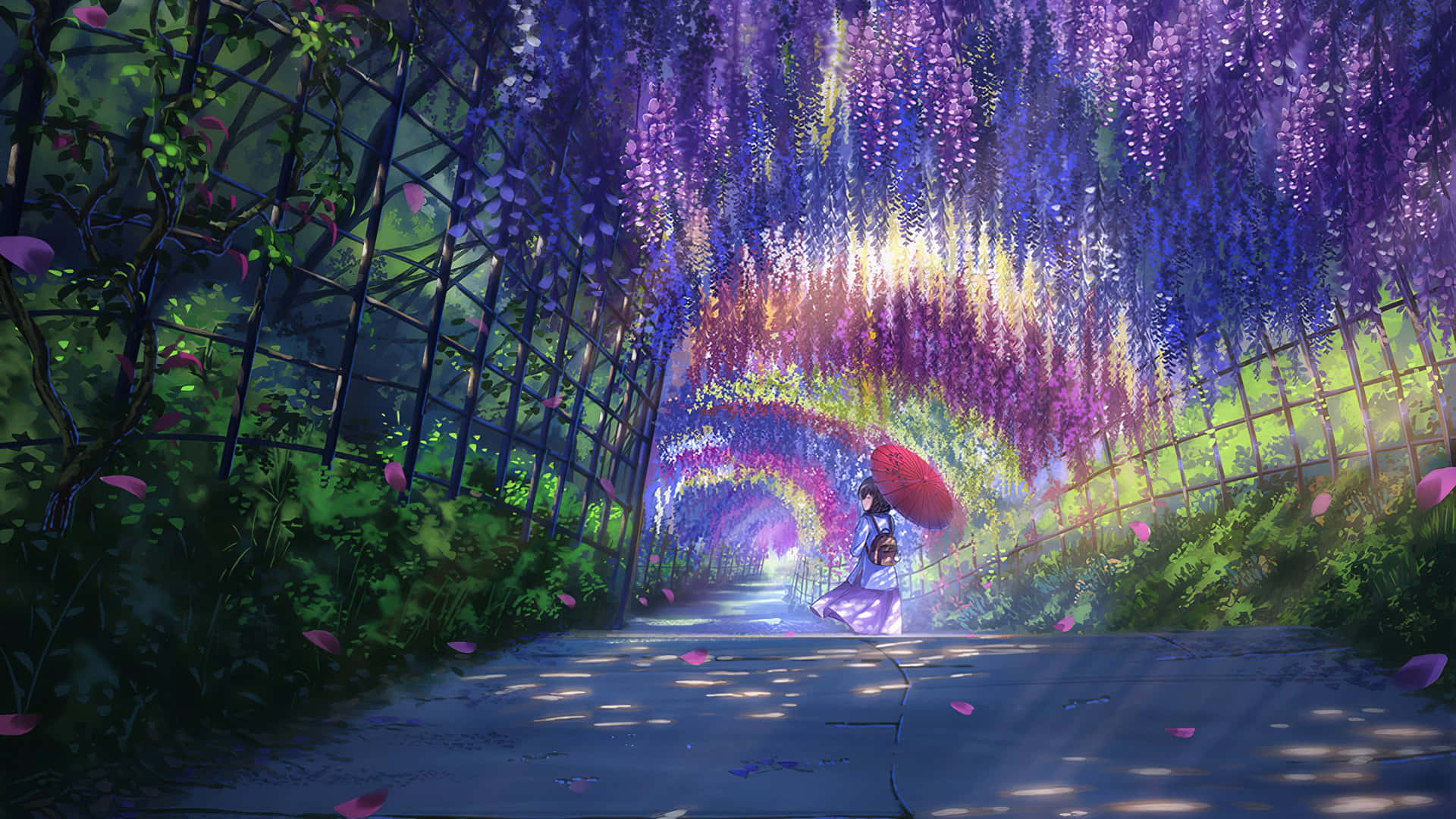 enchanted floral archway, red umbrella, vibrant purple wisteria tunnel, Full HD Desktop Wallpaper